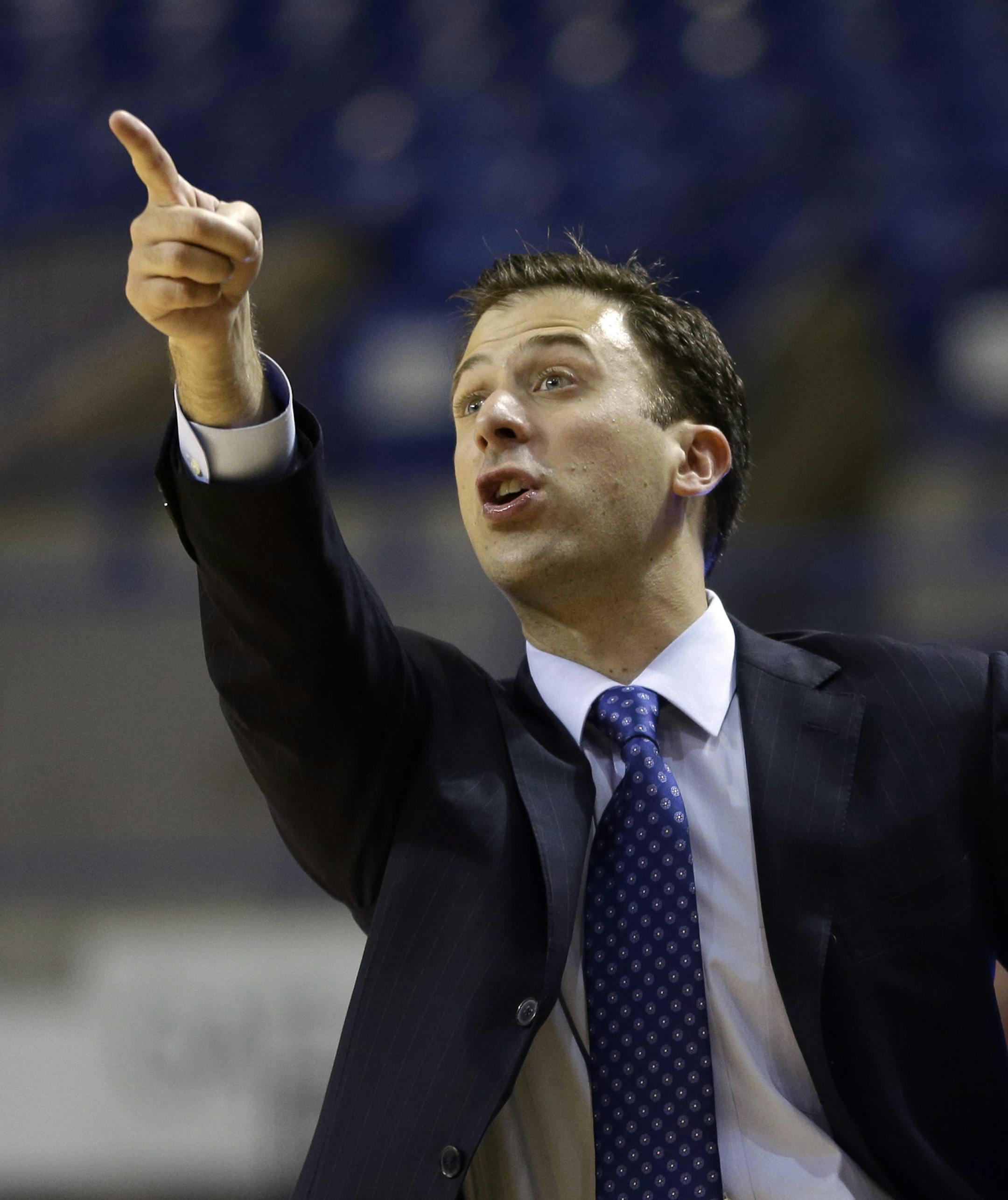 Florida International coach Richard Pitino gestures during the second half of the Sun Belt Conference championship college basketball game in Hot Springs, Ark., Monday, March 11, 2013. Western Kentucky defeated Florida International 65-63. (AP Photo/Danny Johnston) ORG XMIT: ARDJ119