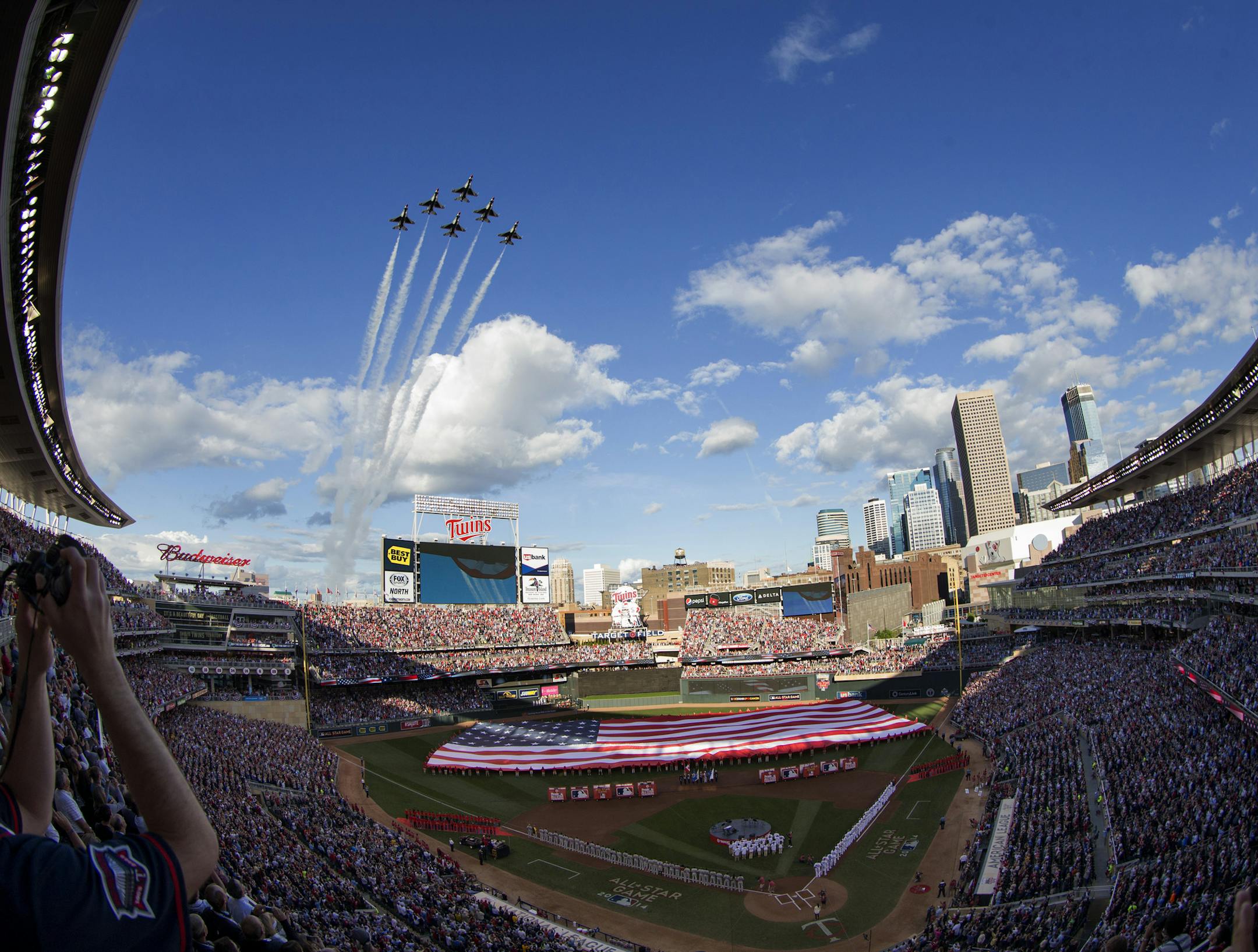 The U.S. Air Force Thunderbirds conducted a fly by a of Target Field at the end of the National Anthem before the start of the MLB All Star Game. ] CARLOS GONZALEZ cgonzalez@startribune.com - July 15, 2014 , Minneapolis, Minn., Target Field, MLB All Star Game