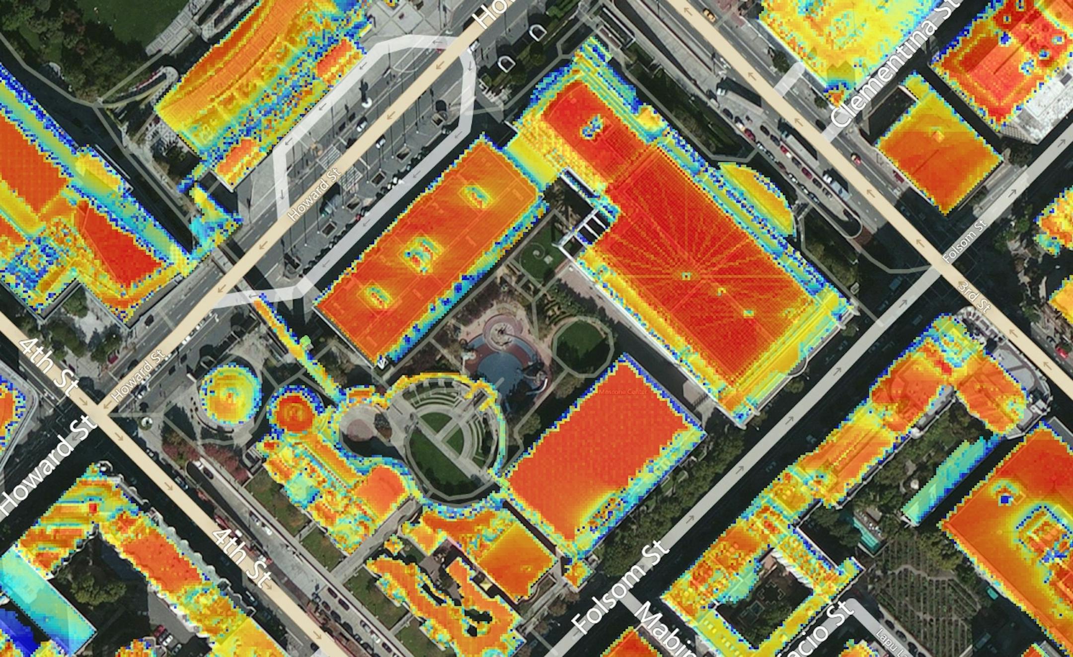 Sun Number has created web-based tools to help homeowners and solar installers assess whether a buildingís rooftop is suitable for solar panels. The companyís technology relies on aerial 3D imaging data, called Lidar, that allows Sun Number to consider roof angles, nearby shade trees, tall buildings and other factors when scoring solar suitability from zero to 100, with 70 and above a passing grade. In this image of the Moscone Center neighborhood in San Fransciso generated from the Su