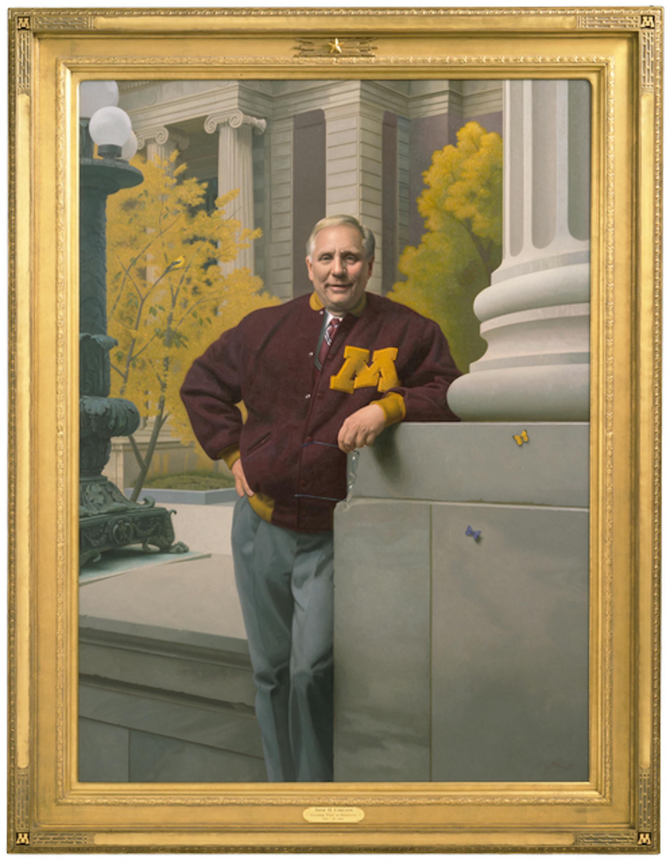 Longtime Gophers booster Arne Carlson wore a University of Minnesota letter jacket for his governor's portrait, painted by Minneapolis native Stephen Gjertson.