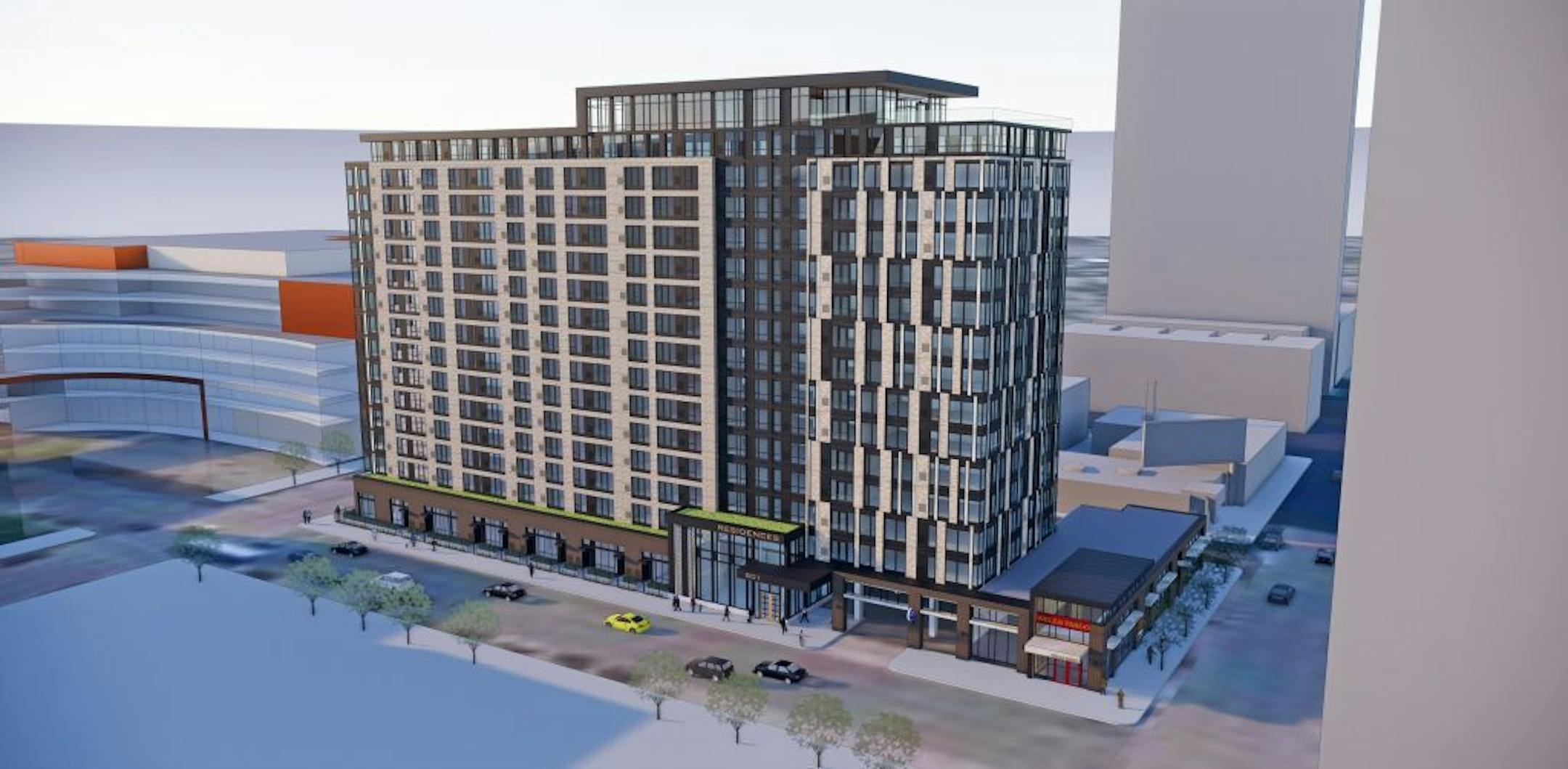 Kraus-Anderson has proposed to build a 16-story apartment tower with approximately 330 units and a new Wells Fargo bank on 8th Street between Portland and Park avenues.