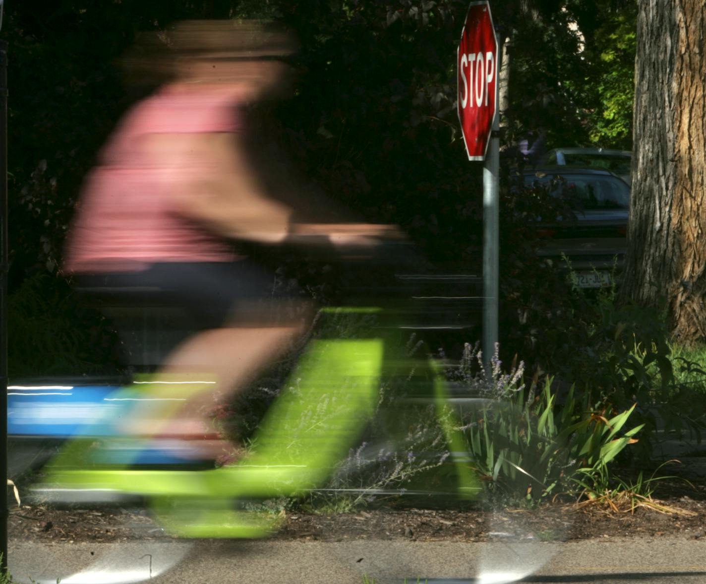 A bike rider rode through a stop sign in Minneapolis.