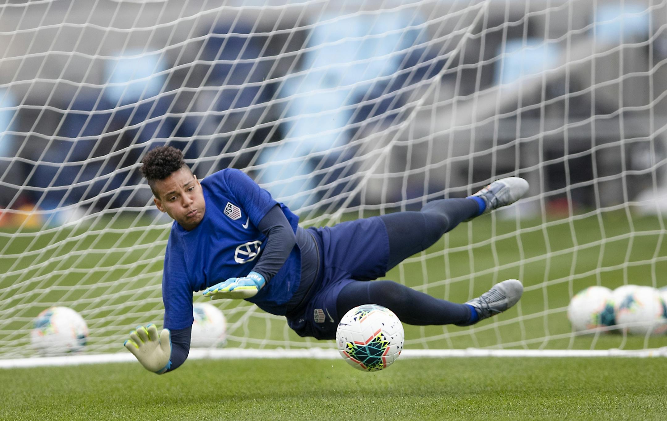 U.S. women's national team goalie Adrianna Franch practiced during an open practice at Allianz Field, Monday, September 1, 2019 in St. Paul, MN. They will play a friendly game against Portugal on Tuesday.