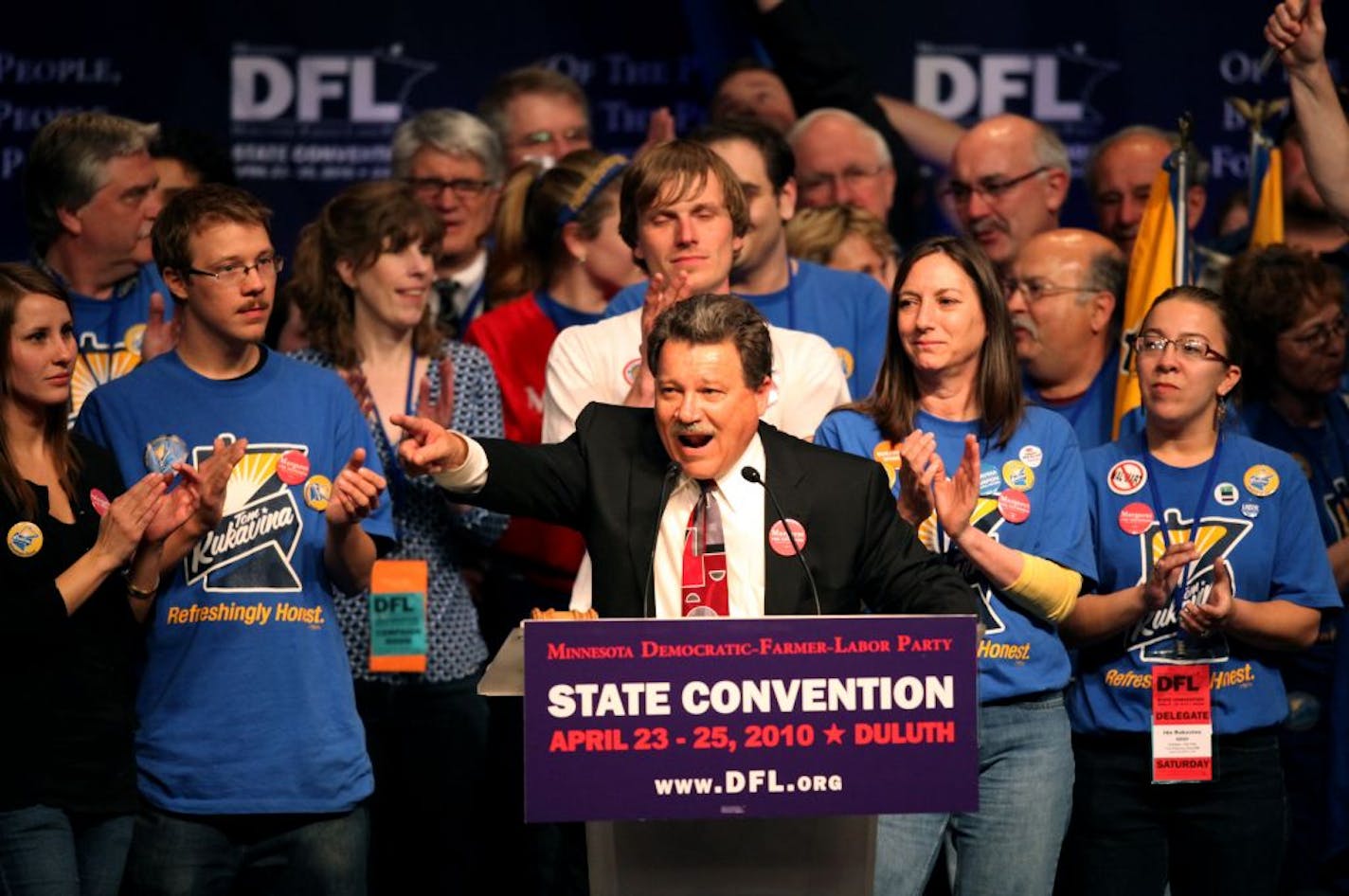 Tom Rukavina threw his support to Minnesota House Speaker Margaret Anderson Kelliher after pulling out of the race at the DECC in the Duluth at the 2010 DFL State Convention.