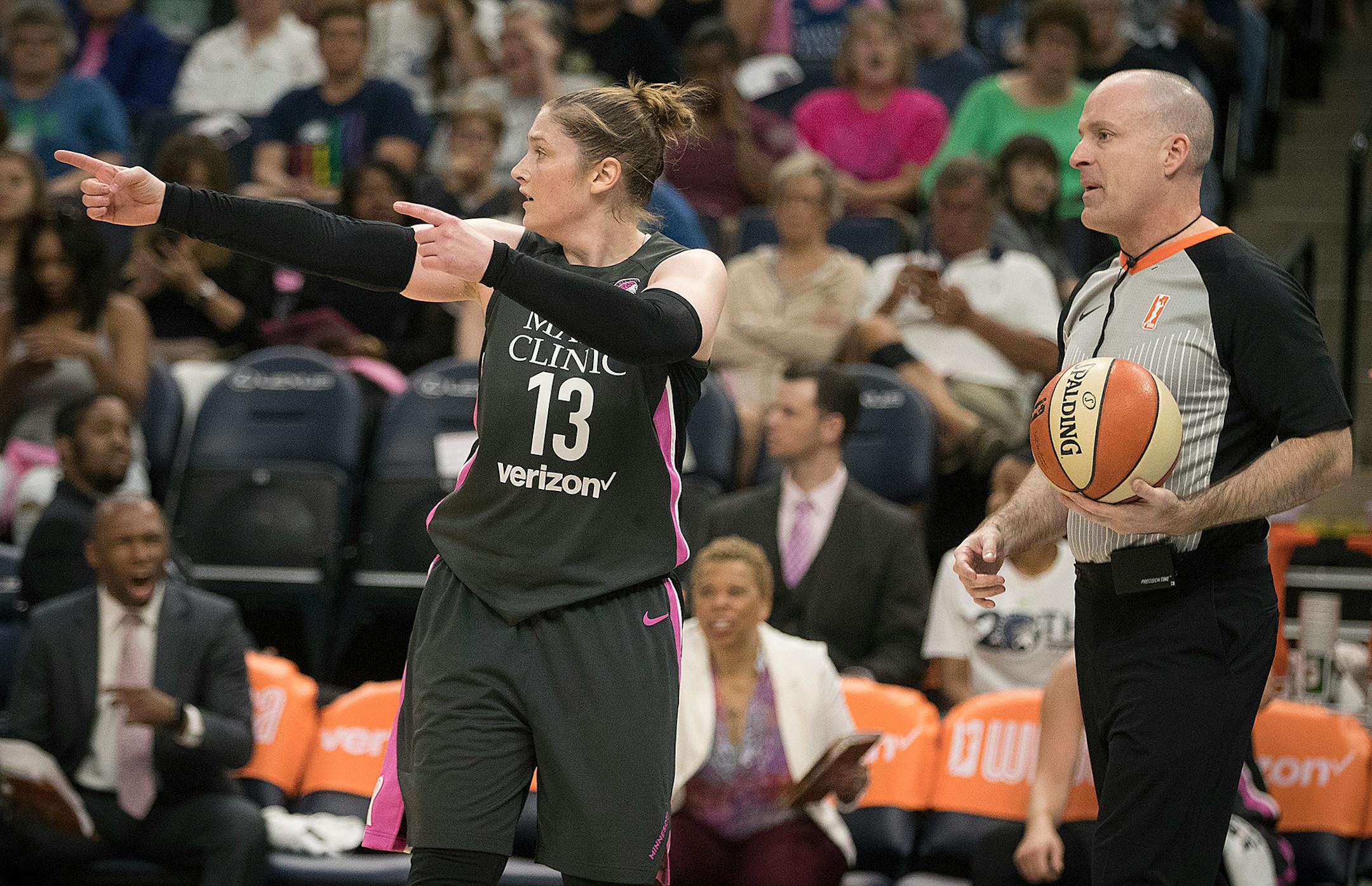 Minnesota Lynx guard Lindsay Whalen looks for a call on the court during the second period as the Minnesota Lynx took on the Seattle Storm at Target Center Sunday. Whalen had started 475 consecutive games before her streak that ended Sunday.