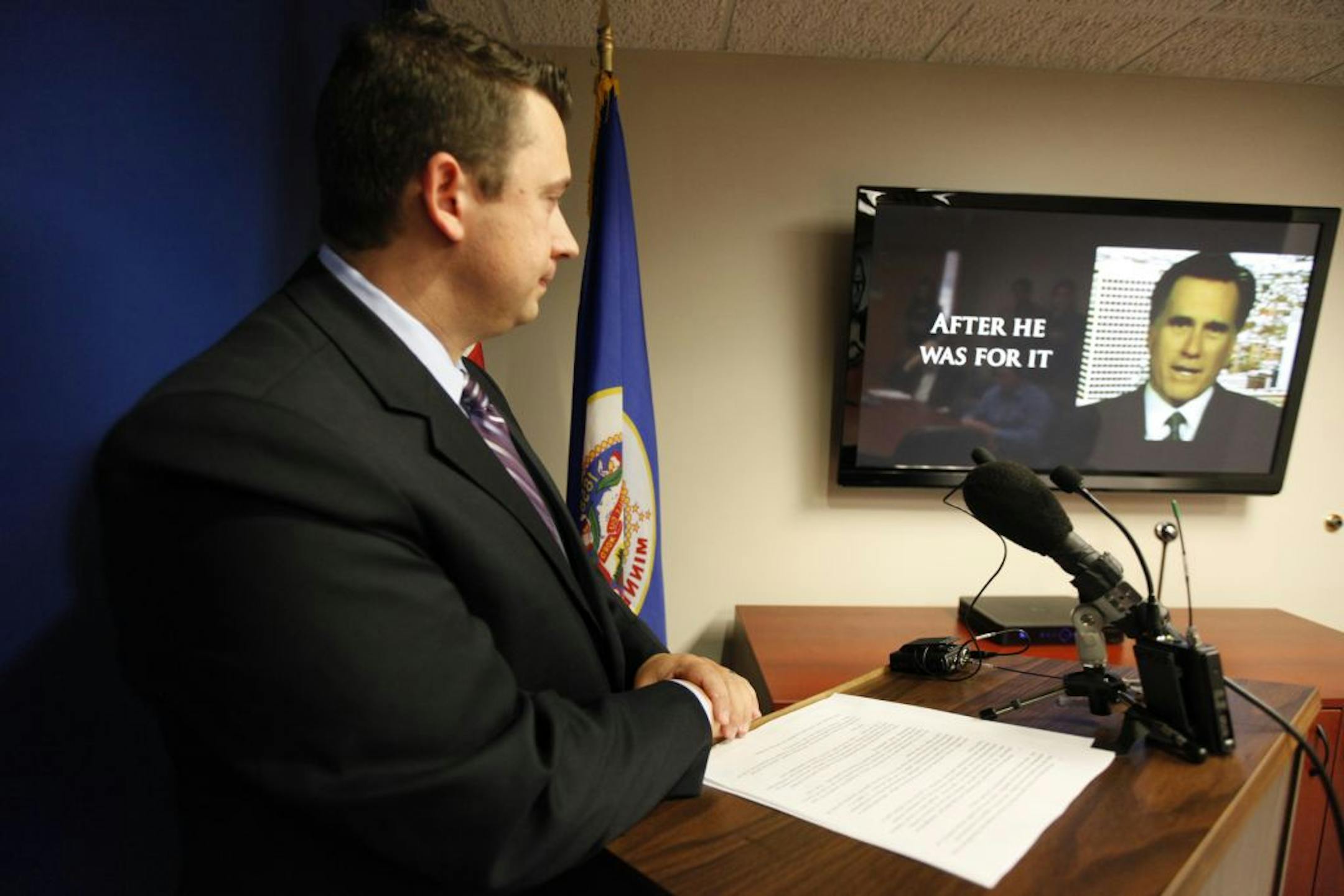 Minnesota DFL chairman Ken Martin was part of a nationwide effort to unveil a new initiative to expose what the Democrats say are Republican presidential candidate Mitt Romney's inconsistencies. The effort includes paid media spots in six states, including Wisconsin.