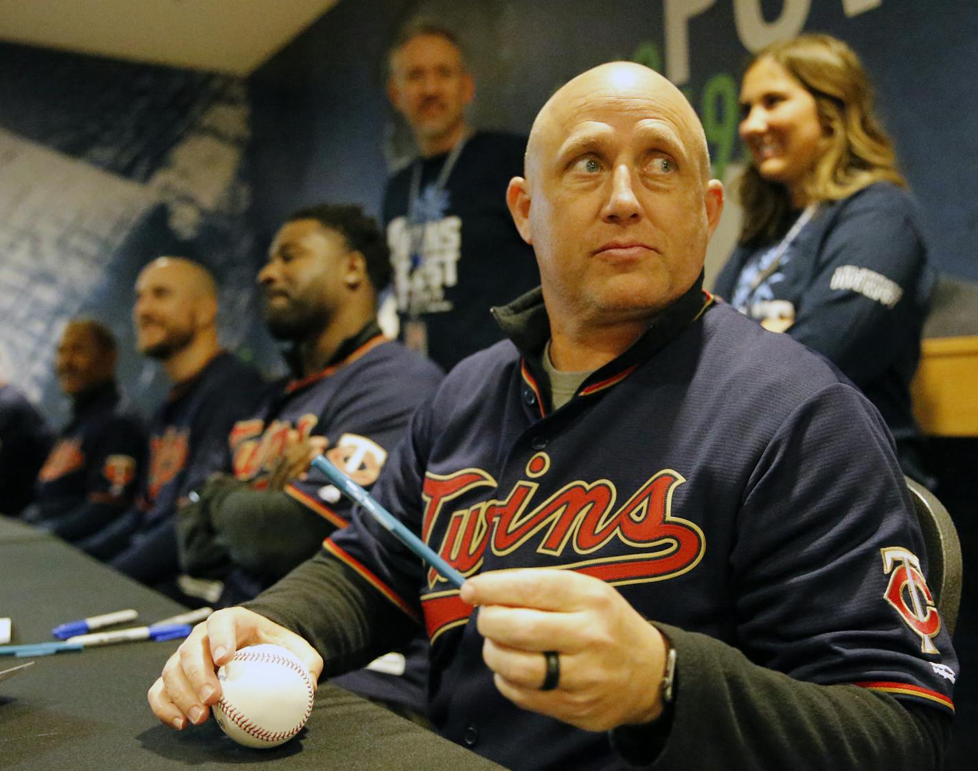 Twins pitching coach Wes Johnson signed autographs during TwinsFest. ] Shari L. Gross &#x2022; shari.gross@startribune.com Twins Fest, 9 a.m-6 p.m. at Target Field. Players interacting with fans at Target Field.
Targets to shoot (if they are available) include new second baseman Jonathan Schoop, pitcher Fernando Romero, pitching coach Wes Johnson, new manager Rocco Baldelli.