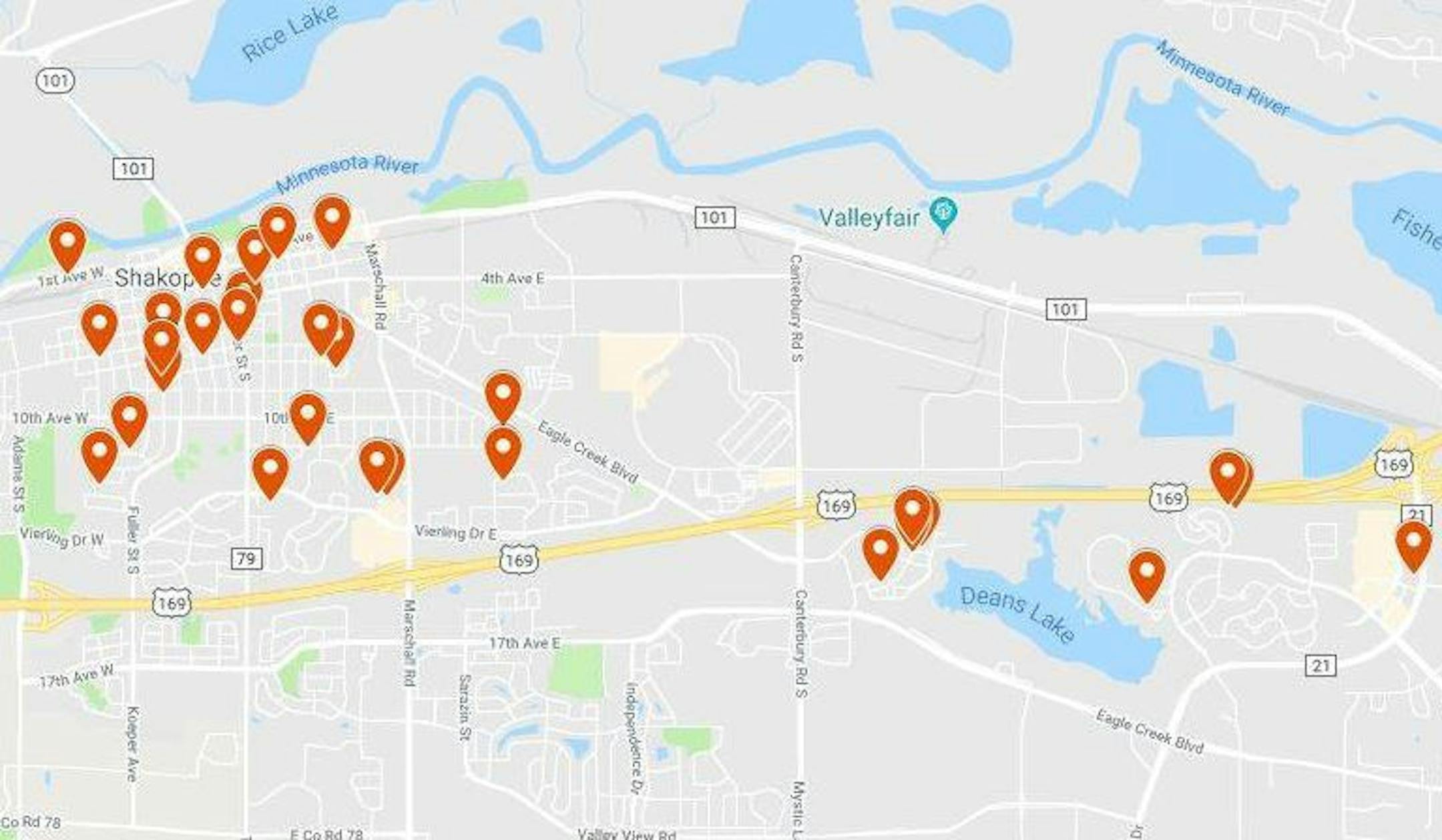 This map shows locations where BB gunfire has hit vehicles in Shakopee in recent days.