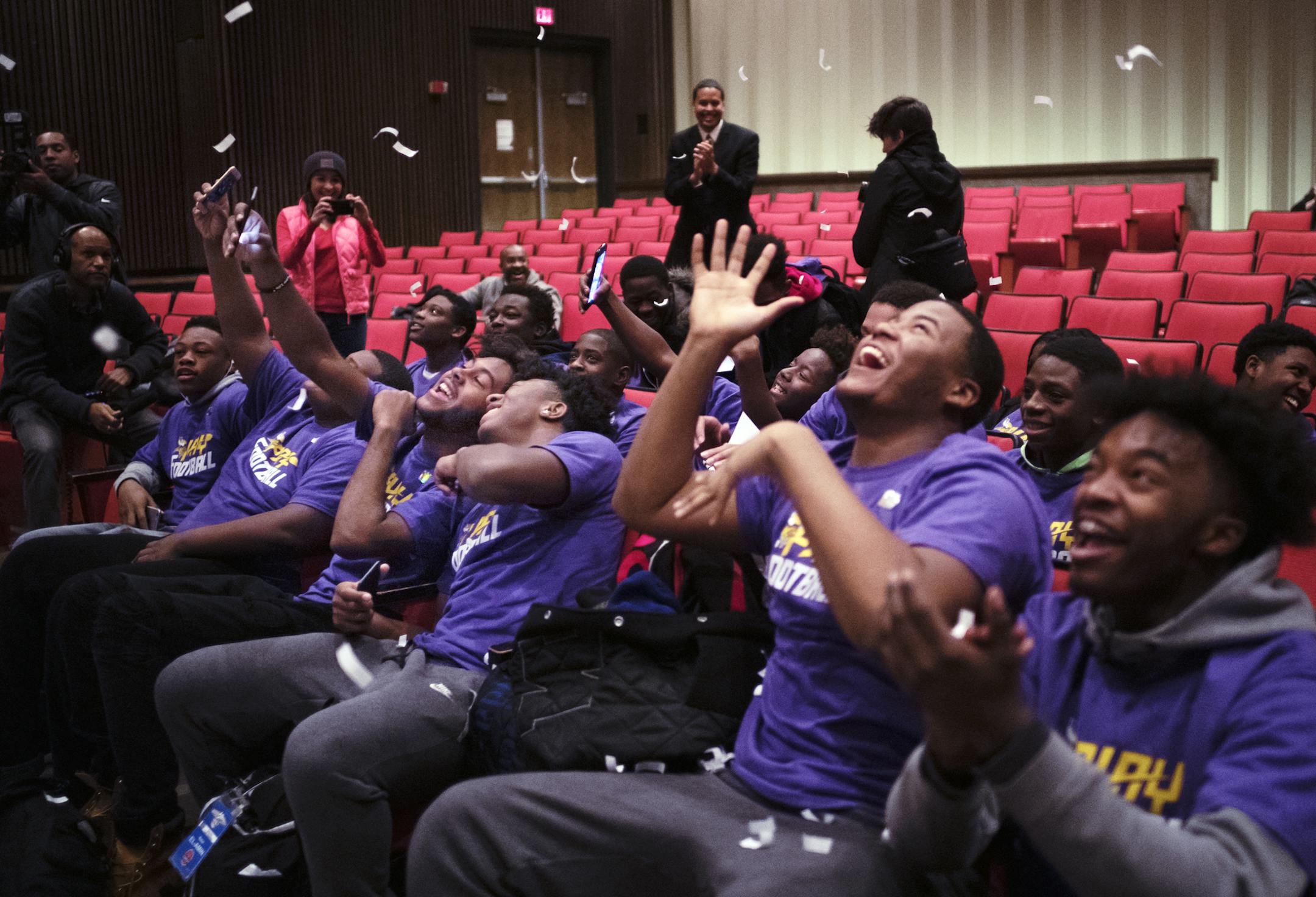 L to R---North QB Armon Dalton and WR Nasir Al-Amin took a selfie amongst the confetti as Odell Wilson and Damon Young also rejoiced at the news of playing in an exhibition game at US Bank Stadium. ]Football players at North High were surprised with gifts such as tickets to the Super Bowl Experience, a Vikings t-shirt, as well as an opportunity to play in an exhibition game in US Bank Stadium a couple days before the big game. Richard Tsong-Taatarii&#xef;rtsong-taatarii@startribune.com