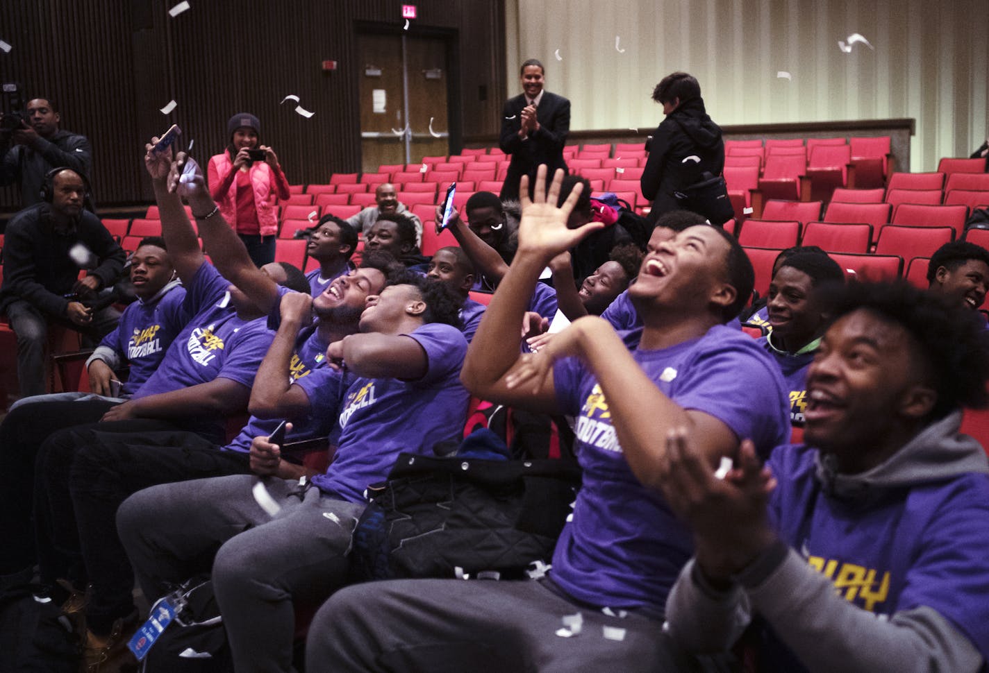 L to R---North QB Armon Dalton and WR Nasir Al-Amin took a selfie amongst the confetti as Odell Wilson and Damon Young also rejoiced at the news of playing in an exhibition game at US Bank Stadium. ]Football players at North High were surprised with gifts such as tickets to the Super Bowl Experience, a Vikings t-shirt, as well as an opportunity to play in an exhibition game in US Bank Stadium a couple days before the big game. Richard Tsong-Taatarii&#xef;rtsong-taatarii@startribune.com