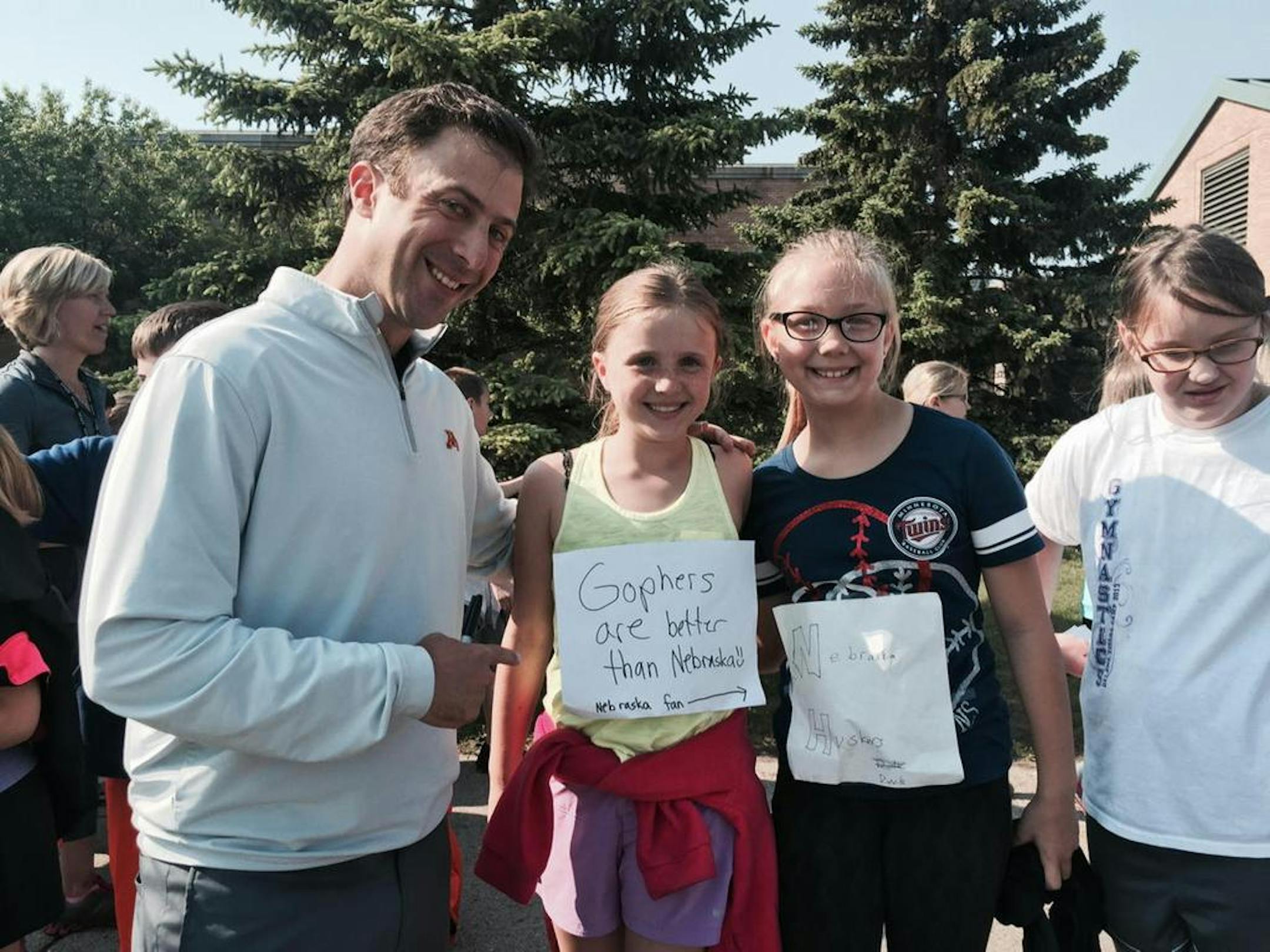 Gophers coach Richard Pitino jokes with fans during a Gophers 'Road Trip' stop in Spicer, Minn., on Wednesday. (The photo was retweeted by Nebraska coach Tim Miles.)