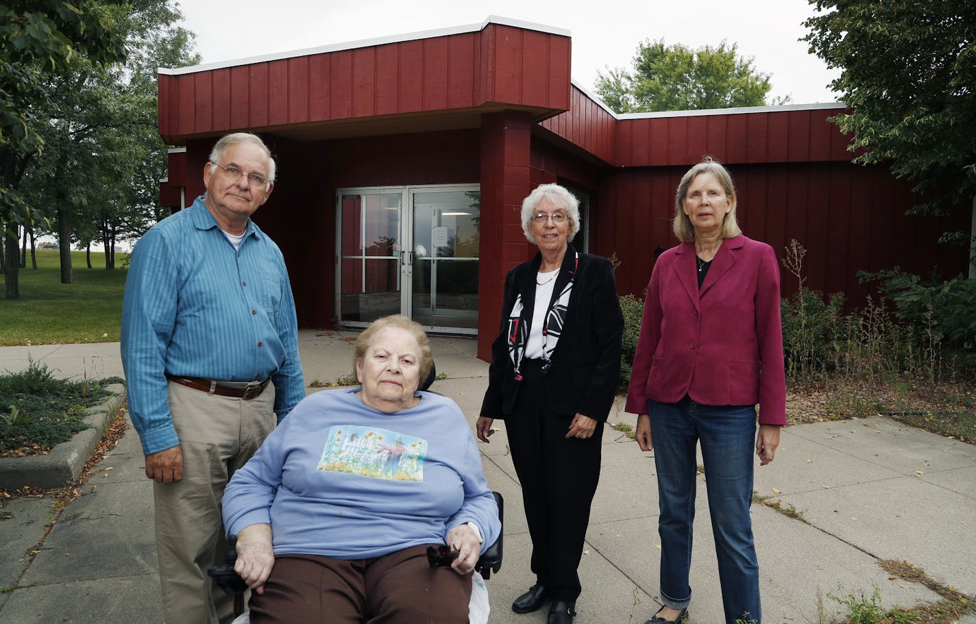 From left, Dave Simpkins, Joyce Lyng, Roberta Olson and Colleen Steffes, board members of the Sinclair Lewis Foundation, stood in front of the Sinclair Lewis Interpretive Center. The center fronting Interstate 94 in the famed author&#x2019;s hometown is being sold by the city to a Wayzata developer.