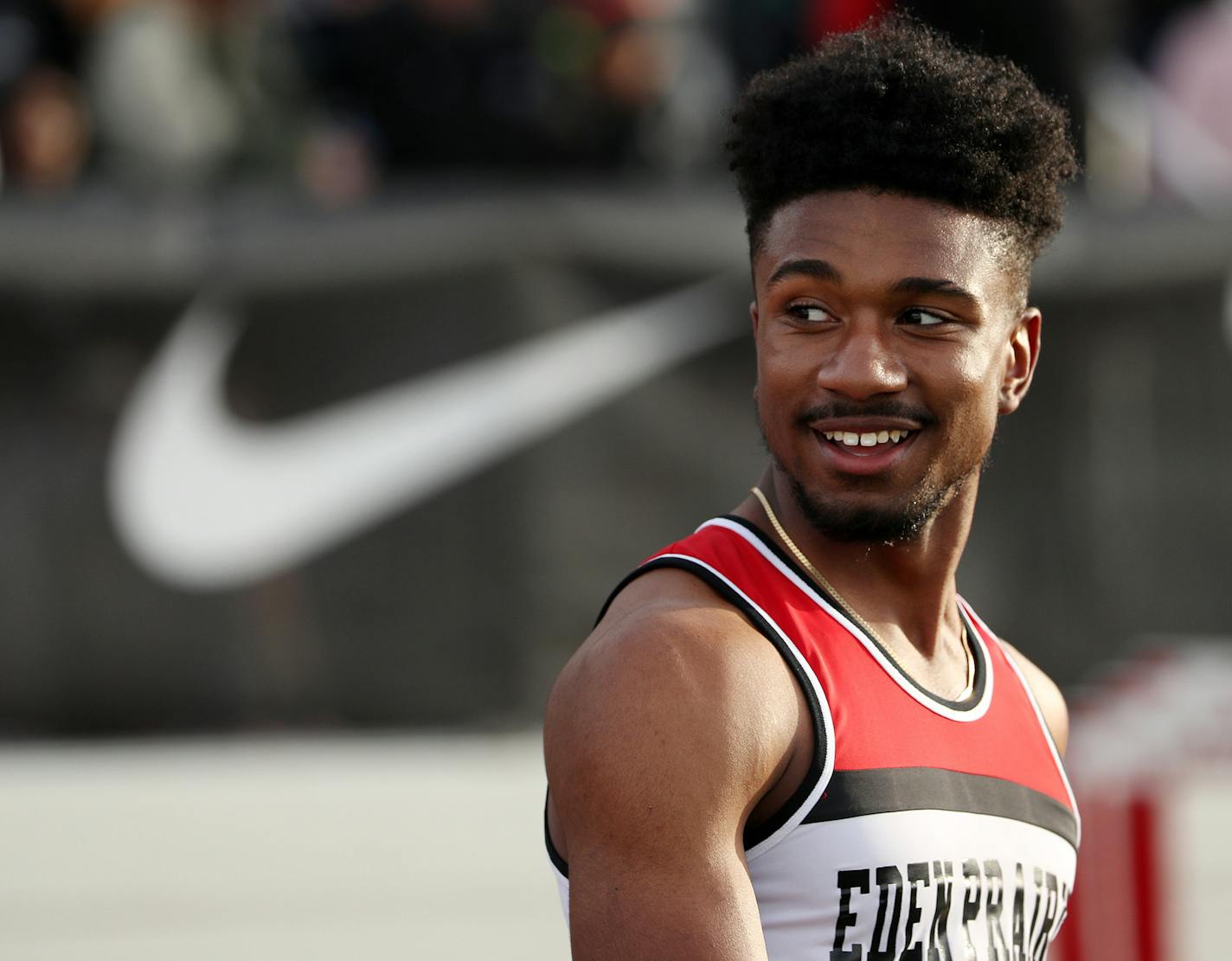 Denzel Brown of Eden Prairie competed in the boy's 100 meter dash Friday. ] ANTHONY SOUFFLE &#xef; anthony.souffle@startribune.com Individuals competed during the Hamline Elite Track Meet Friday, April 28, 2017 at the Klas Center in St. Paul, Minn.