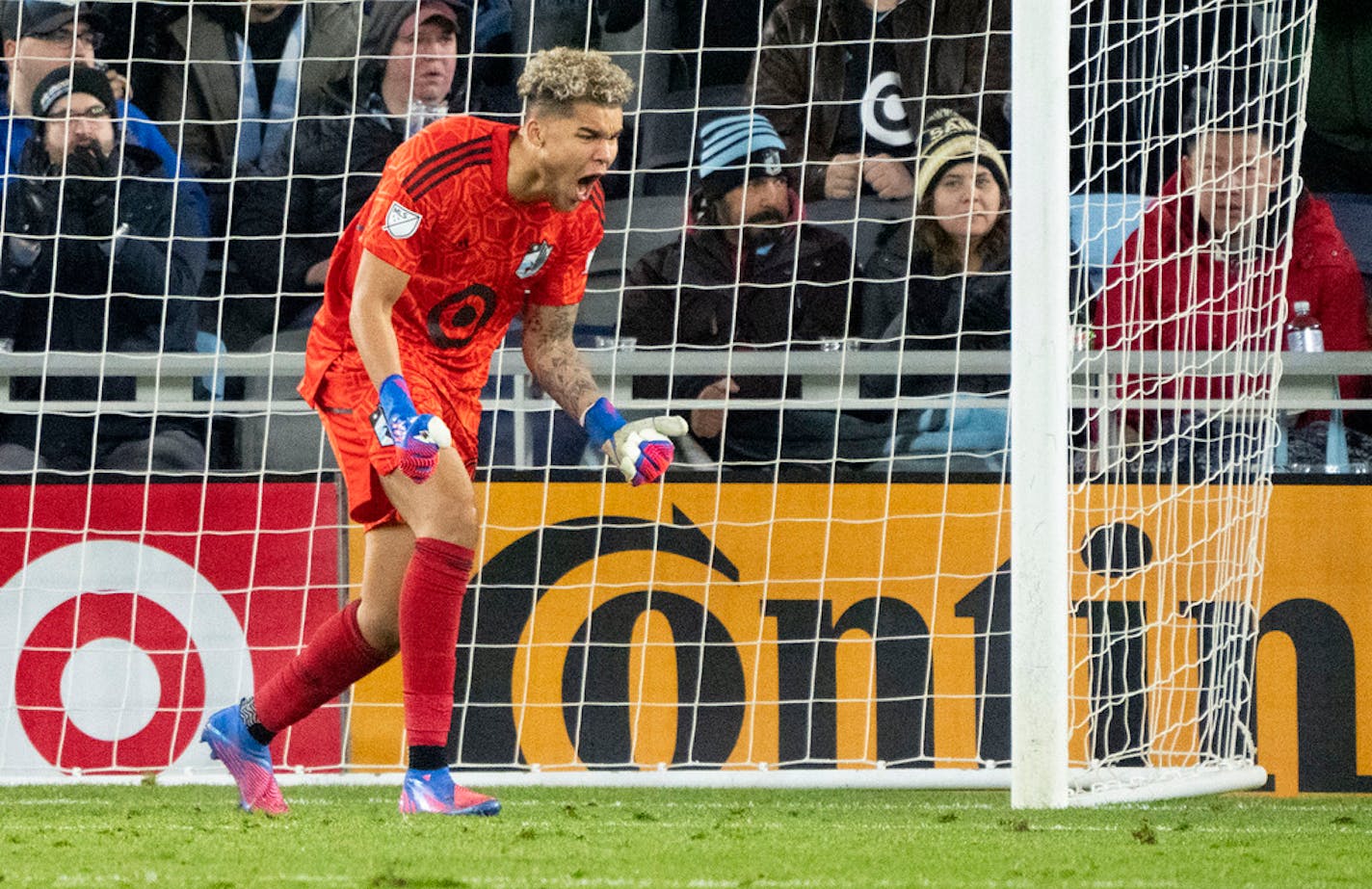 Minnesota United goalkeeper Dayne St. Clair reacts after making multiple saves in a row during a win in April.