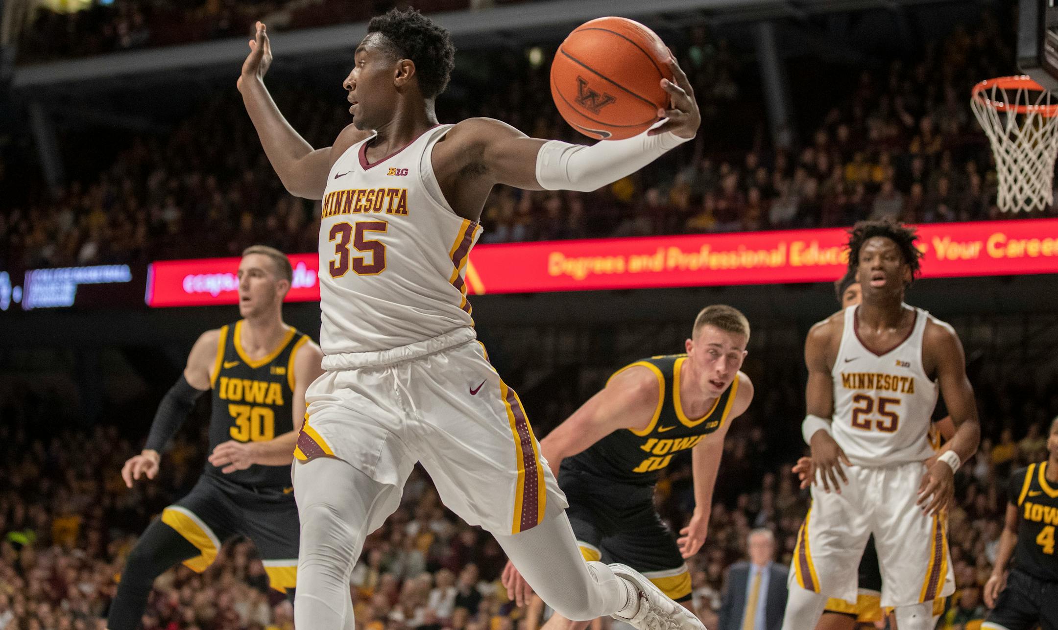 Gophers forward Isaiah Ihnen (35, shown against Iowa) didn't play at Northwestern on Sunday because of an injured wrist.
