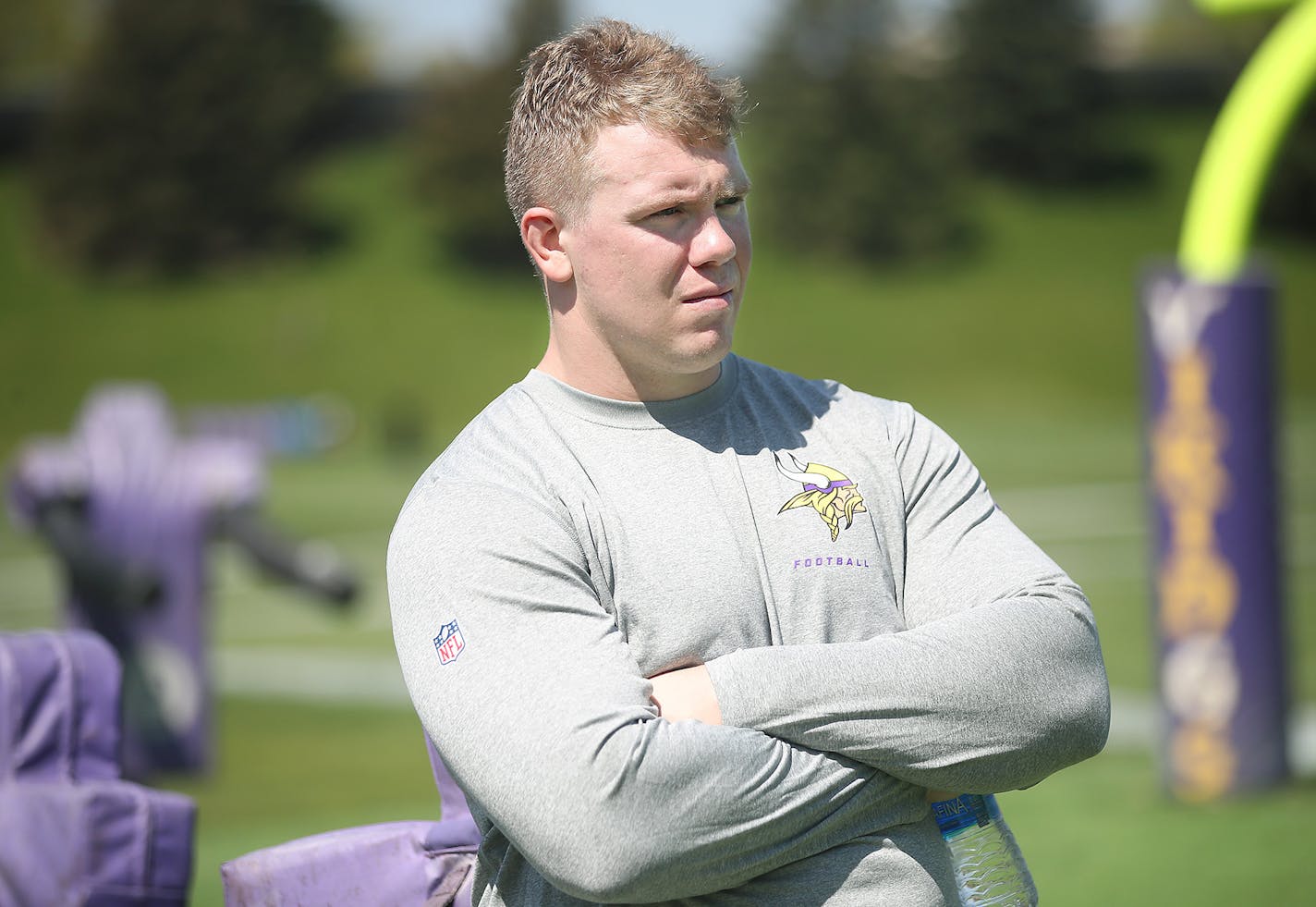 Former Ohio State Guard Pat Elflein waited for a news conference during the first day of Vikings rookie minicamp at Winter Park, Friday, May 5, 2017 in Eden Prairie, MN. ] ELIZABETH FLORES &#xef; liz.flores@startribune.com