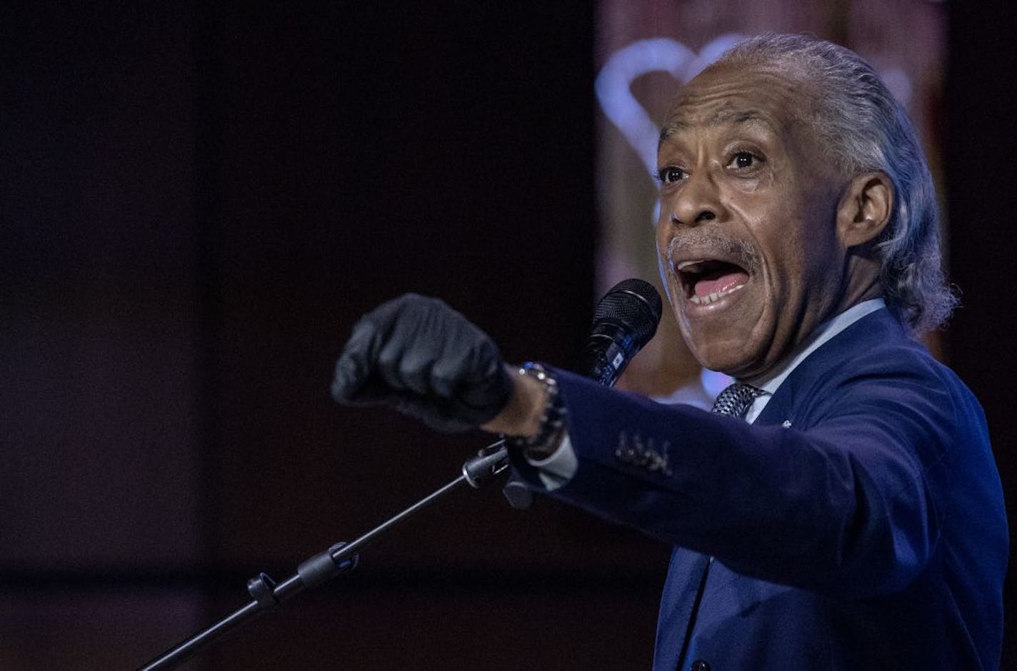 The Rev. Al Sharpton spoke during a memorial service Thursday for George Floyd at North Central University in Minneapolis.