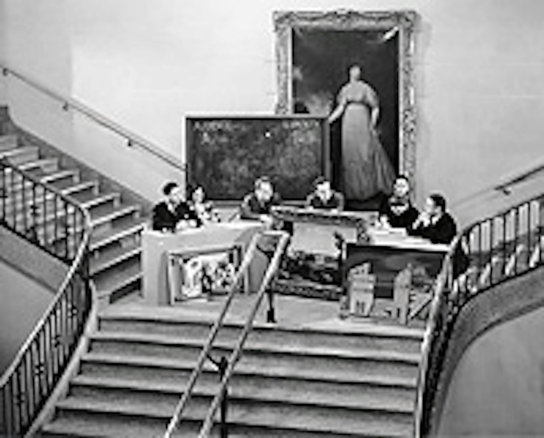 Daniel Defenbacher (center) quizzes panelists during an "Inquisition," Walker Art Center atrium, 1940.