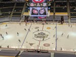 St. Cloud State and Massachusetts during pregame warmups Saturday.