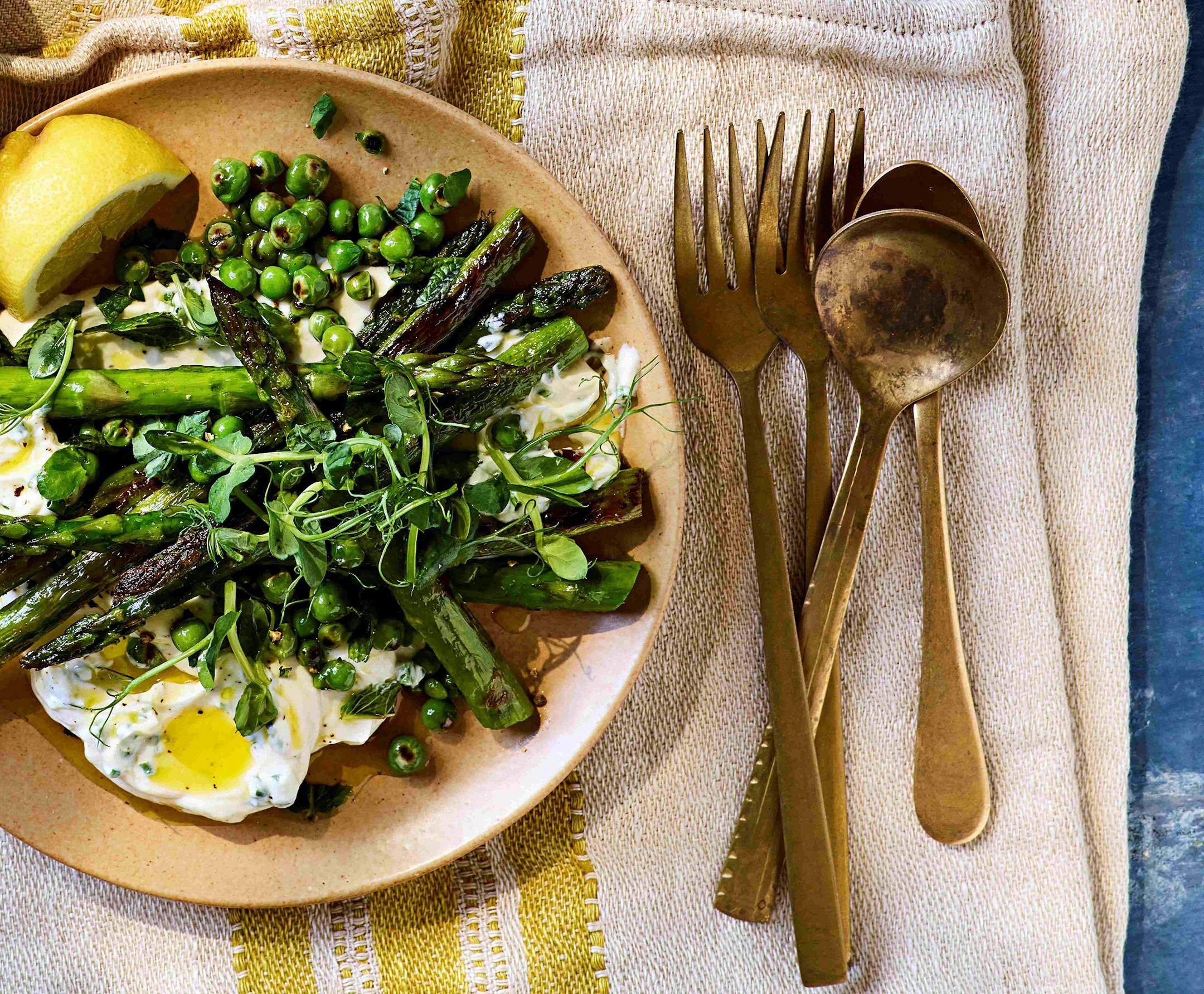 Whipped Ricotta with Peas and Asparagus from Leon Big Salads by Rebecca Seal, Conran Photography by Steven Joyce