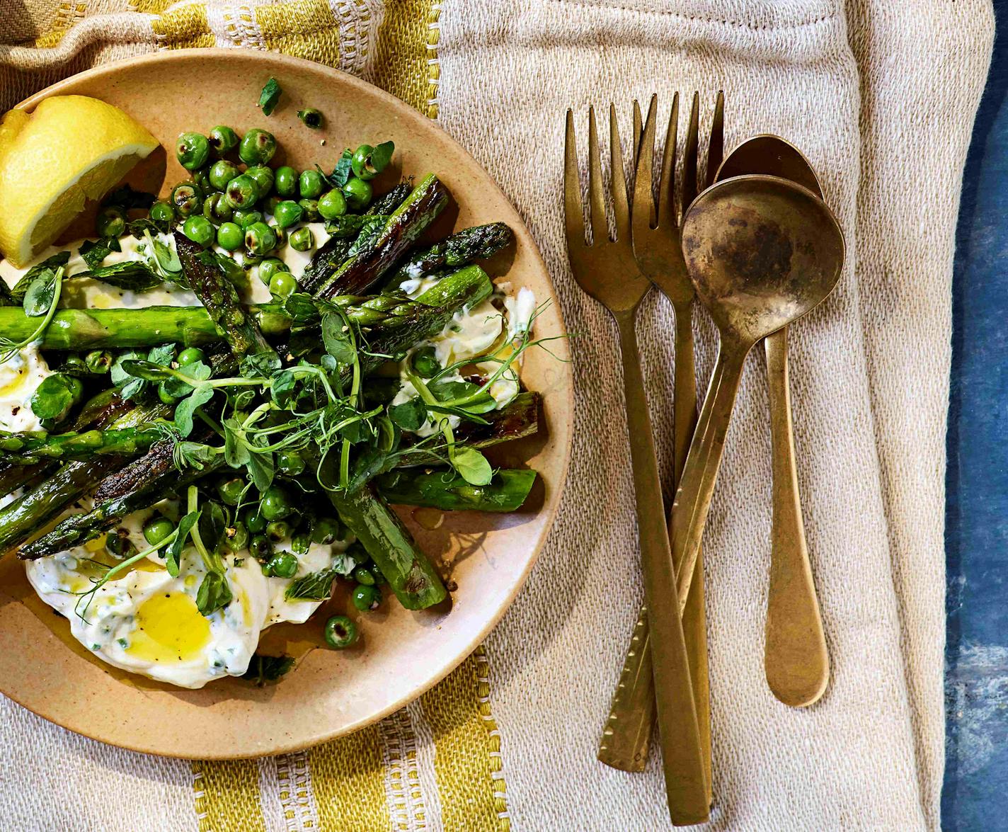 Whipped Ricotta with Peas and Asparagus from Leon Big Salads by Rebecca Seal, Conran Photography by Steven Joyce