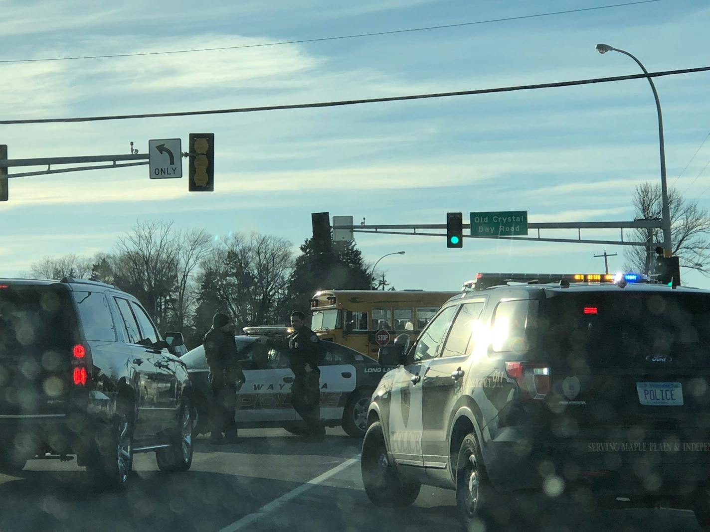 The first bus to leave the Orono schools on Wednesday after a lockdown.