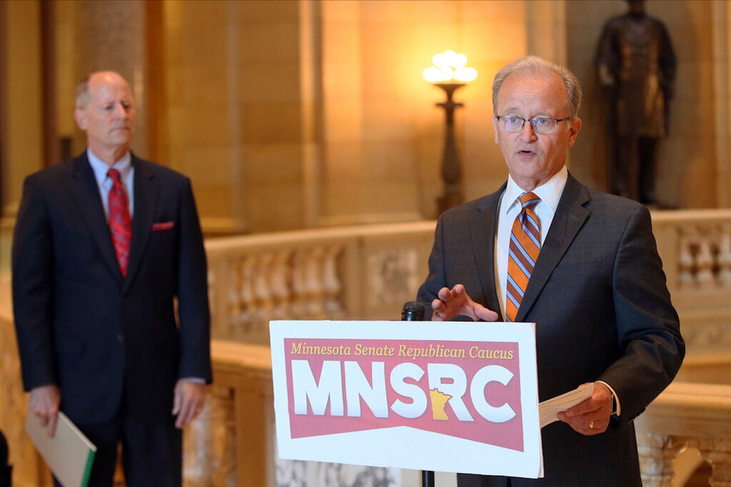 Senate Majority Leader Paul Gazelka, left, listened as Assistant Majority Leader Warren Limmer addressed reporters on a police accountability package Tuesday, June 16, in St. Paul.