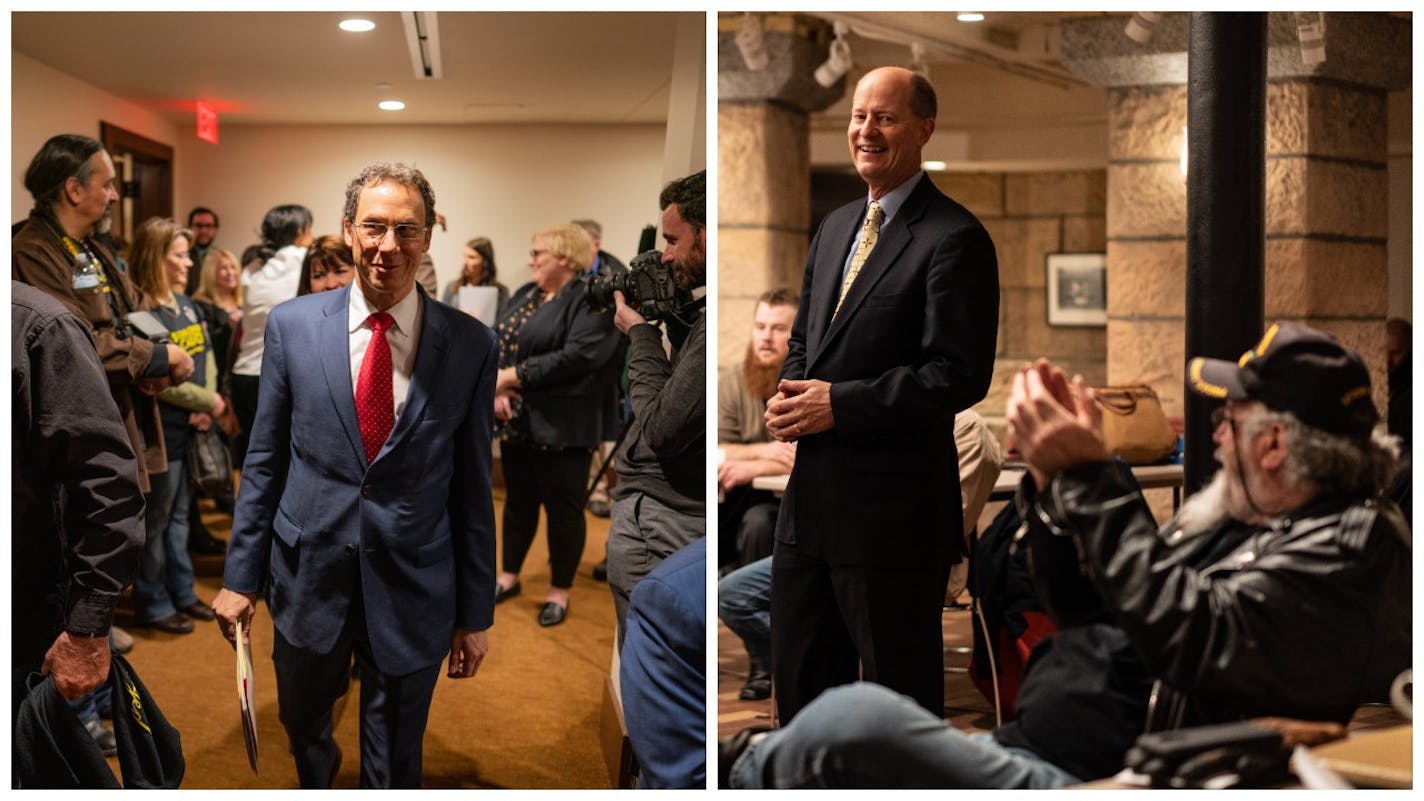 Sens. Ron Latz, left, and Paul Gazelka at the Minnesota State Capitol met with their supporters on opposite sides of the debate over expanding gun laws.