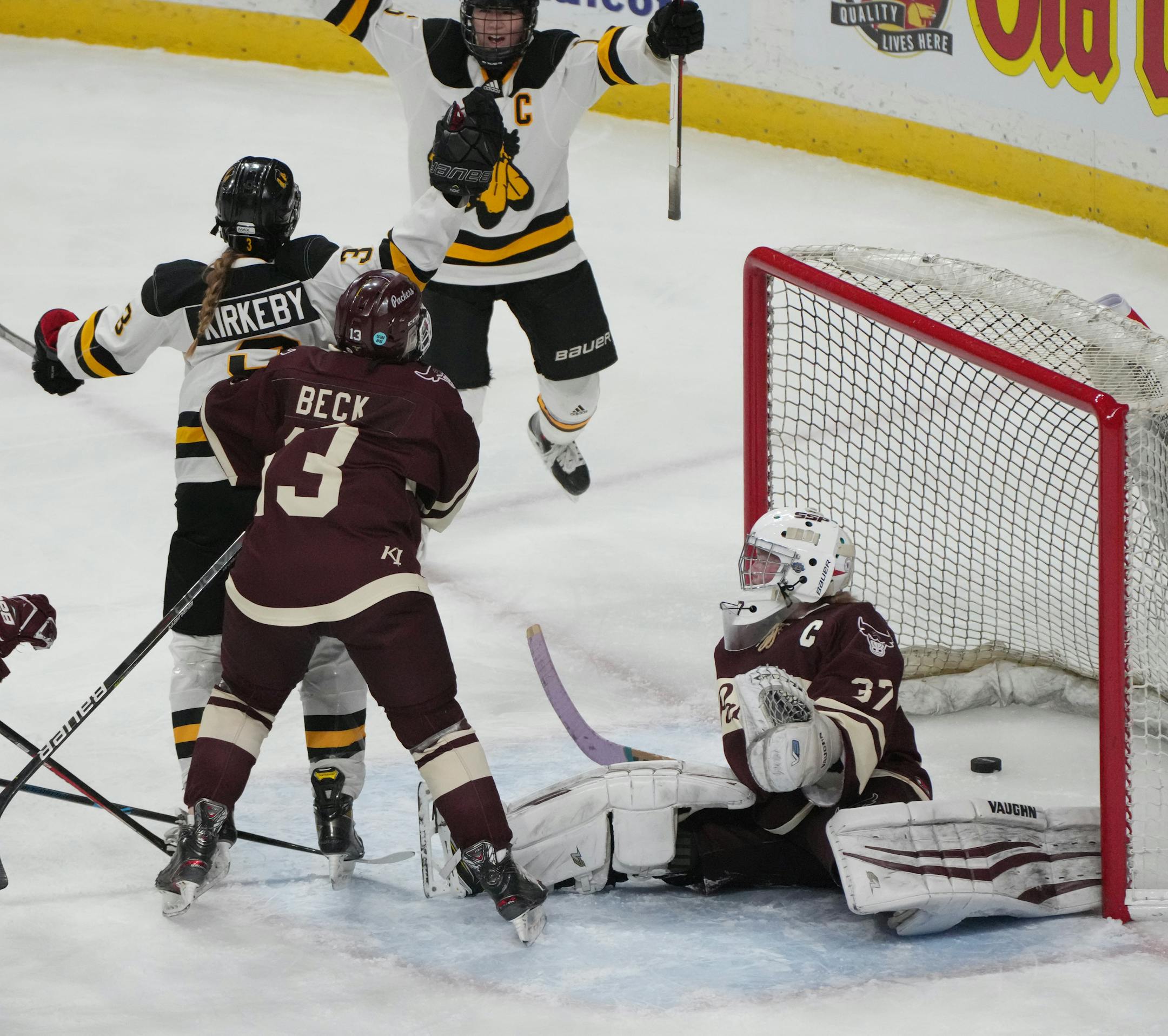 Warroad defenseman Lexi Kirkeby (3) got the puck past South St. Paul goaltender Delaney Norman (37) in the second period.
