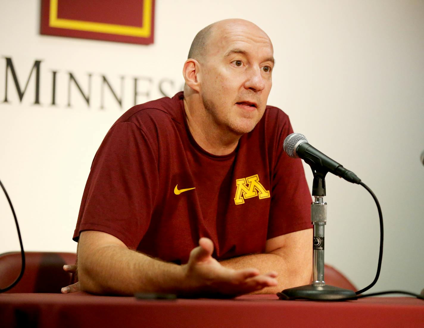 The expectations are high for University of Minnesota women's volleyball coach Hugh McCutcheon and his talented, young team that went deep into the NCAA tournament last year and will hosting the 2018 Division I Women's Volleyball Championship in December. Here, McCutcheon addresses media members during a press conference before practice Tuesday, Aug. 14, 2018, at Maturi Pavilion on the University of Minnesota campus in Minneapolis, MN.]