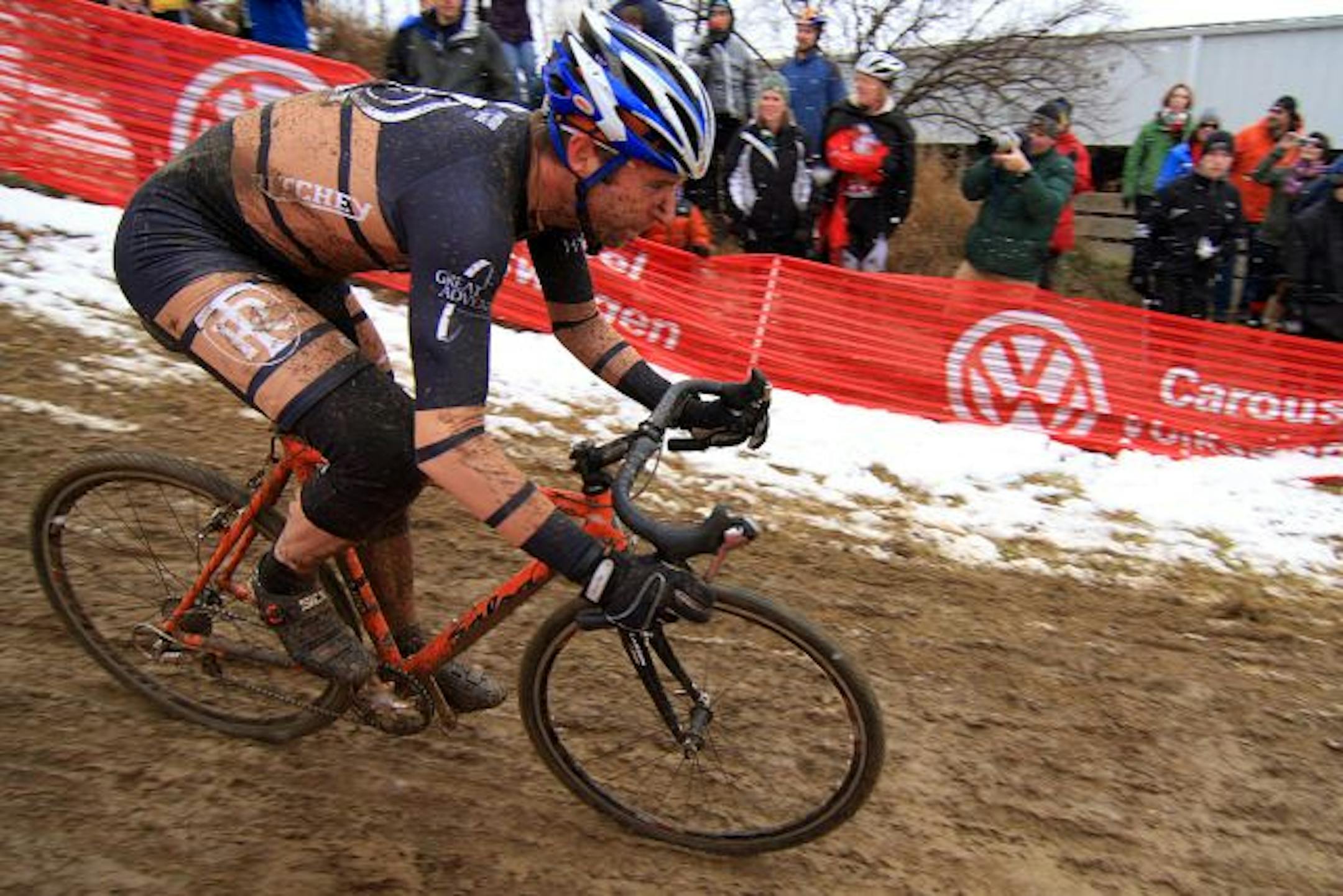 A Cyclocross racer competing in the two-day Jingle Cross Race in Iowa City Iowa.