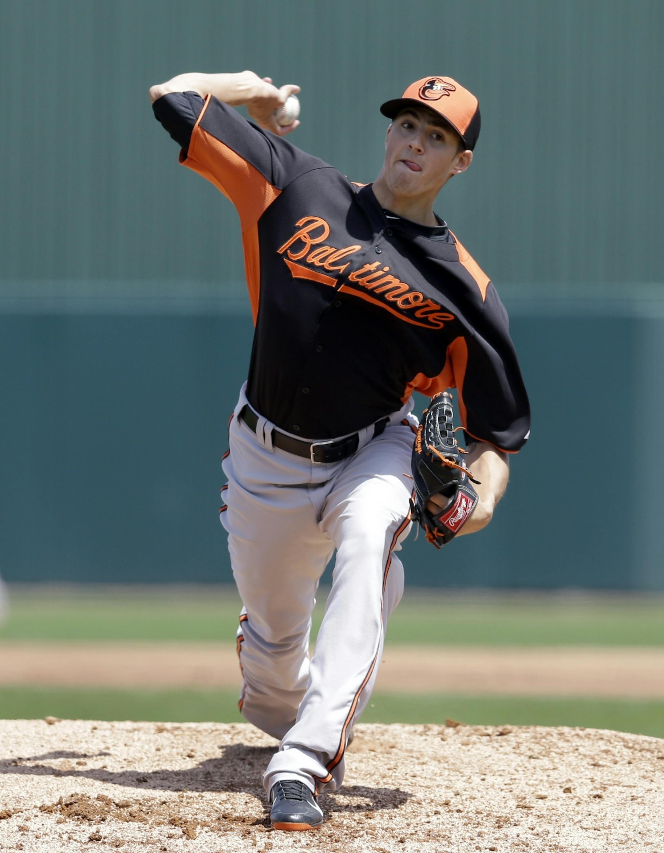 Baltimore Orioles starting pitcher Kevin Gausman delivers to the Minnesota Twins in the first inning of an exhibition spring training baseball game in Fort Myers, Fla., Tuesday, March 26, 2013.