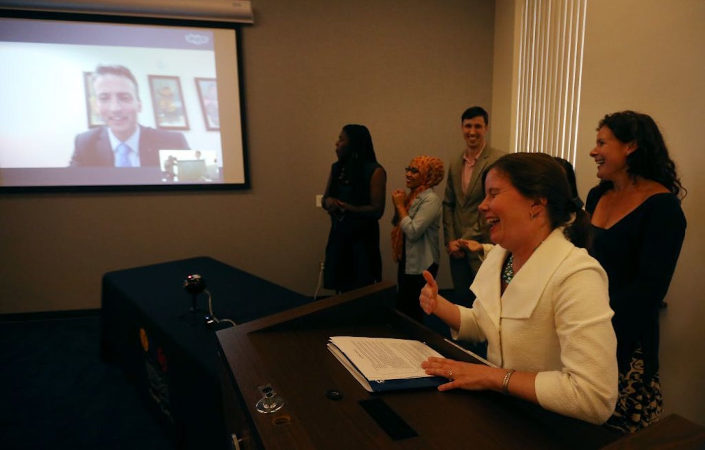 Minneapolis school board chair Jenny Arneson and board members talked with Ed Graff via Skype after he was selected as the new superintendent Tuesday in Minneapolis.