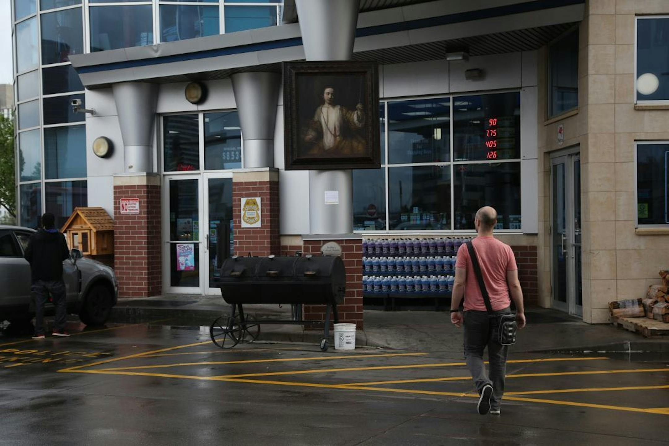 A copy of Rembrandt's "Lucretia" is hanging outside of Bobby and Steve's gas station.