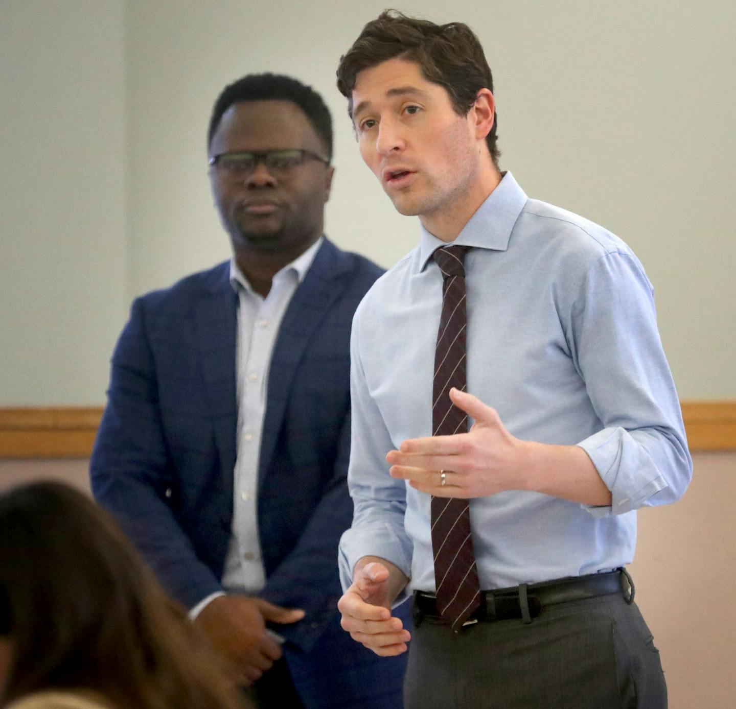 Minneapolis mayor-elect Jacob Frey, center, seated, held a community listening session at the Horn Towers Friday, Dec. 30, 2017, in Minneapolis, MN. Here, Frey spoke to those gathered briefly before the listening session began.] DAVID JOLES &#xef; david.joles@startribune.com Minneapolis Mayor-elect Jacob Frey holds community listening sessions.