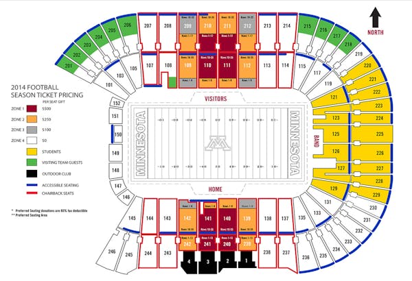 Scholarship seating prices at TCF Bank Stadium during the current 2014 football season for the University of Minnesota Gophers football team. (Courtes