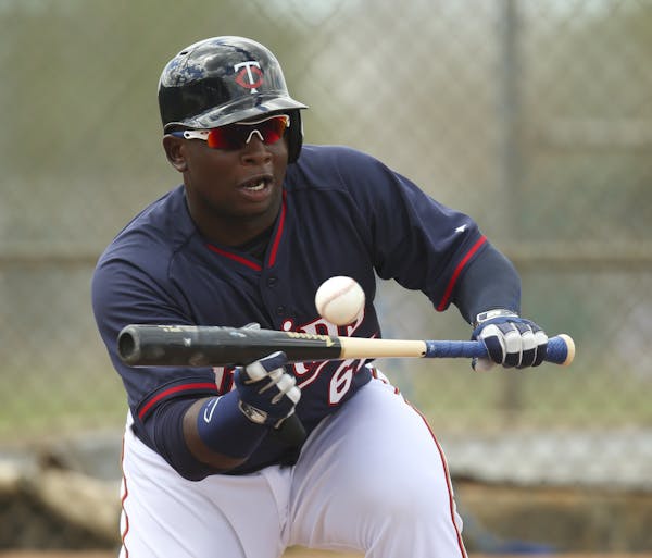 Twins third baseman Miguel Sano bunted during a clinic Former Twin Rod Carew was holding Tuesday morning at Hammond Stadium. ] JEFF WHEELER &#xef; jef