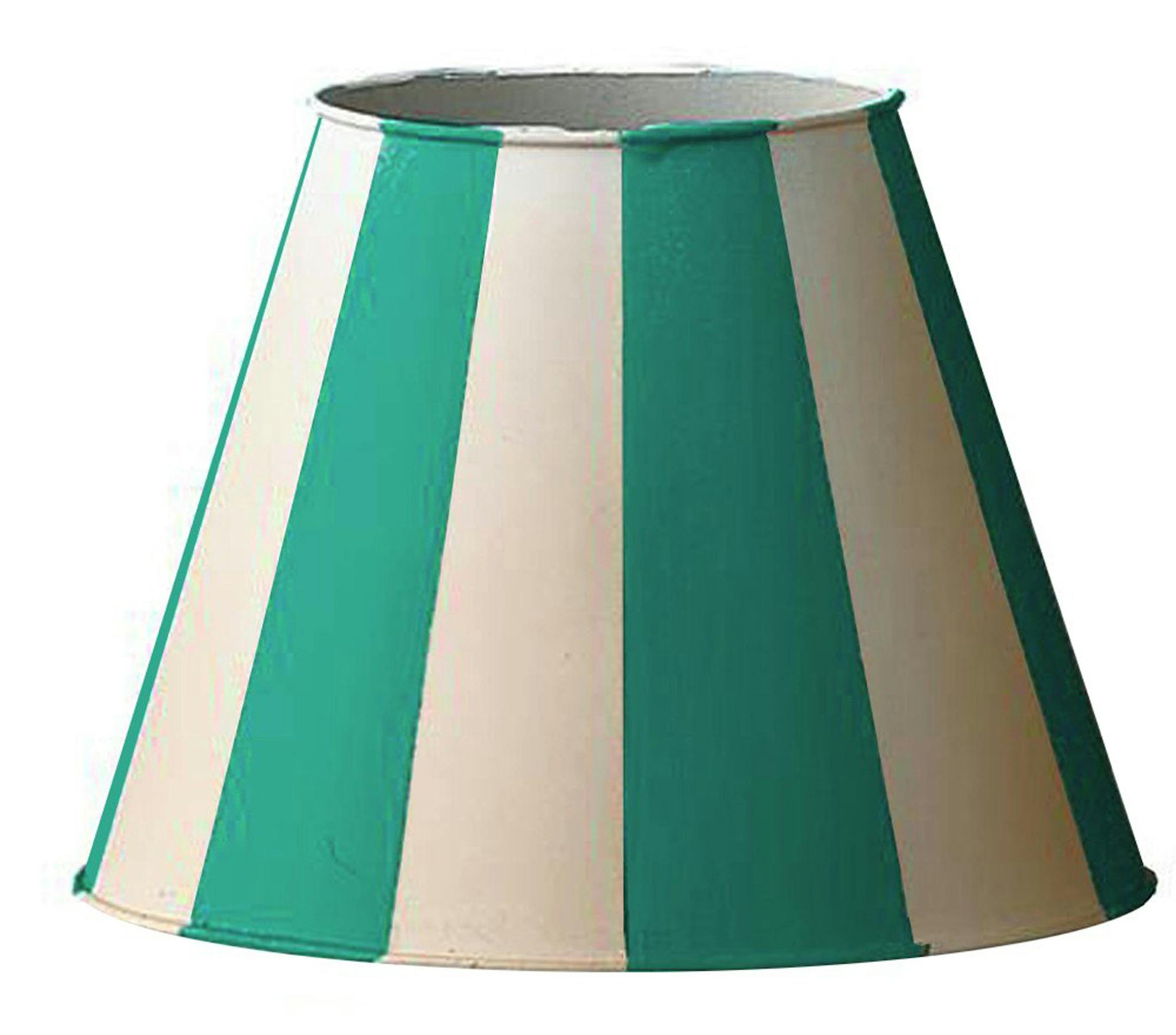 Wide cabana-like stripes shown in bold turquoise and white metal shade, $19 from Shades of Light, www.shadesoflight.com (Shades of Light)