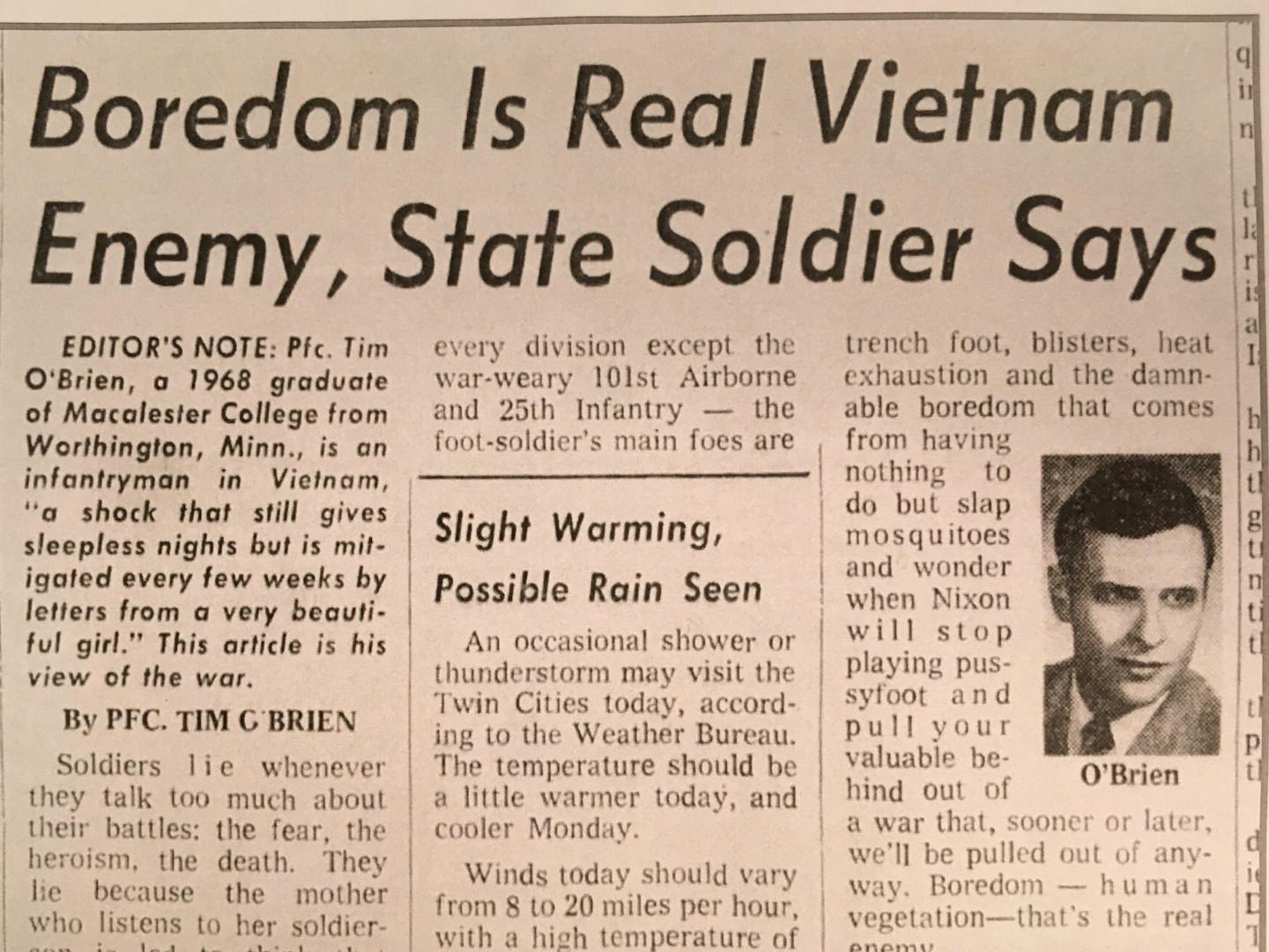 The front page headline on a dispatch by Tim O'Brien to the Minneapolis Tribune in 1969.