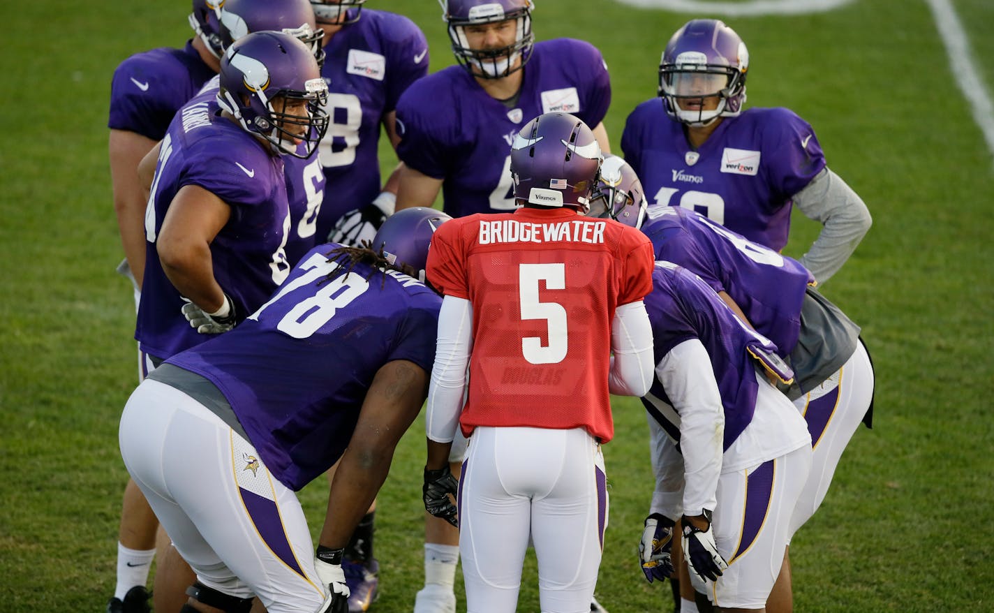 Vikings rookie quarterback Teddy Bridgewater (5) has mainly worked with the second offensive unit, but on Wednesday he had a short stint with the first team in an 11-on-11 situation.