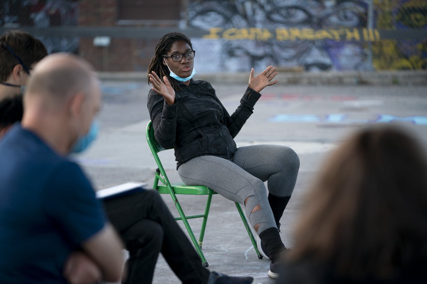 Marcia Howard led a nightly community meeting at the gas station across from Cup Foods at the George Floyd memorial at 38th and Chicago in Minneapolis, Minn., on Tuesday, September 1, 2020. She always begins the meeting with the four assumptions of George Floyd Square; Assume everyone has Covid. Assume everyone is armed. 3. Assume what you say or do is being recorded. 4. Assume somebody in that square does NOT have your liberation in mind. ] RENEE JONES SCHNEIDER renee.jones@startribune.com Marc