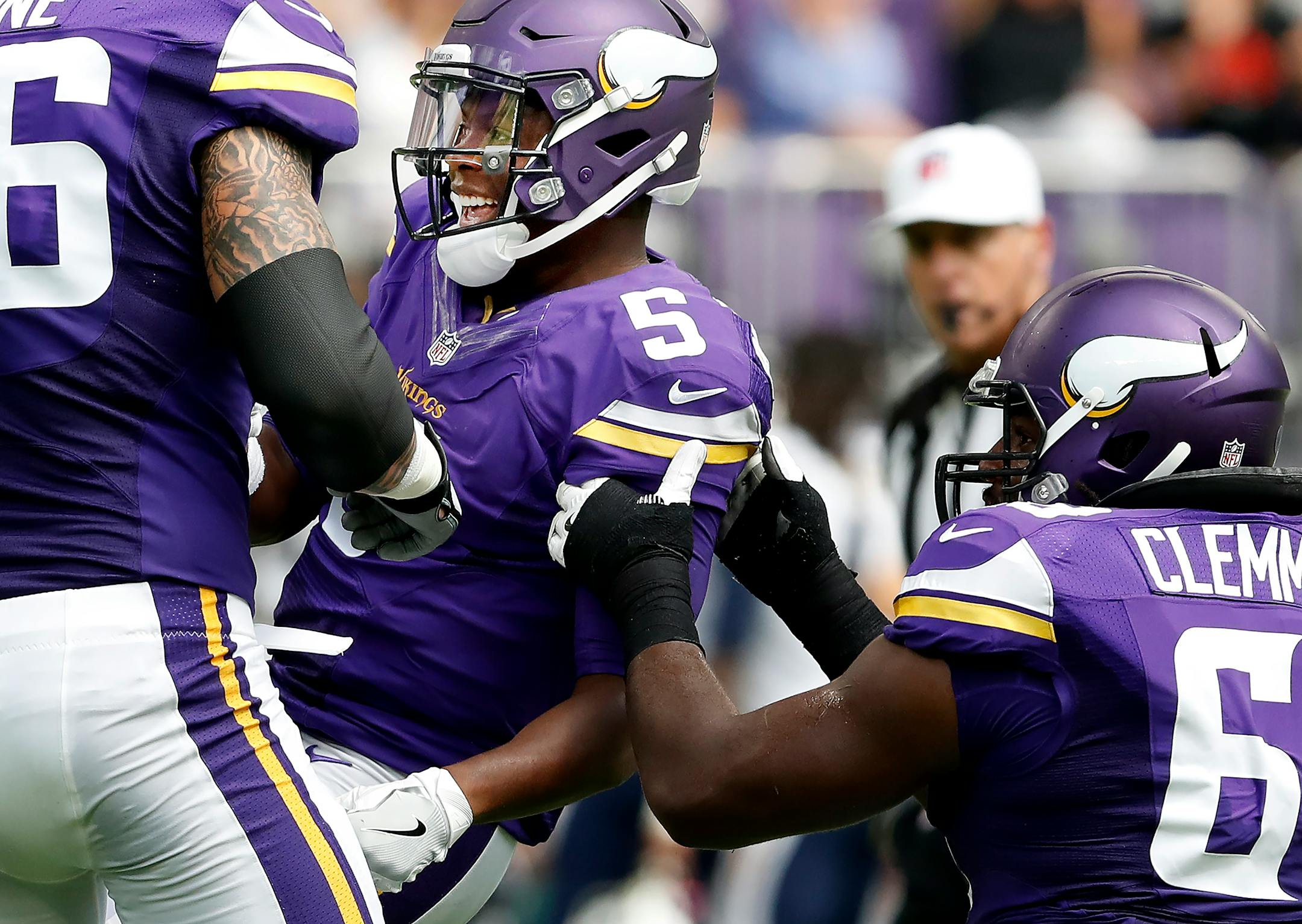 Vikings quarterback Teddy Bridgewater smiled after throwing a touchdown pass to Kyle Rudolph in the second quarter of Sunday's preseason game against the San Diego Chargers. The Vikings won 23-10 in their first preseason game at U.S. Bank Stadium.