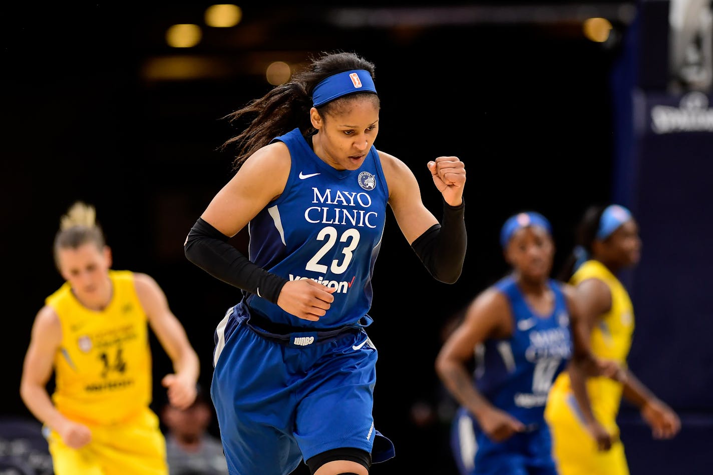 Lynx forward Maya Moore pumped her fist after hitting a 3-pointer against the Chicago Sky in Saturday's preseason game.