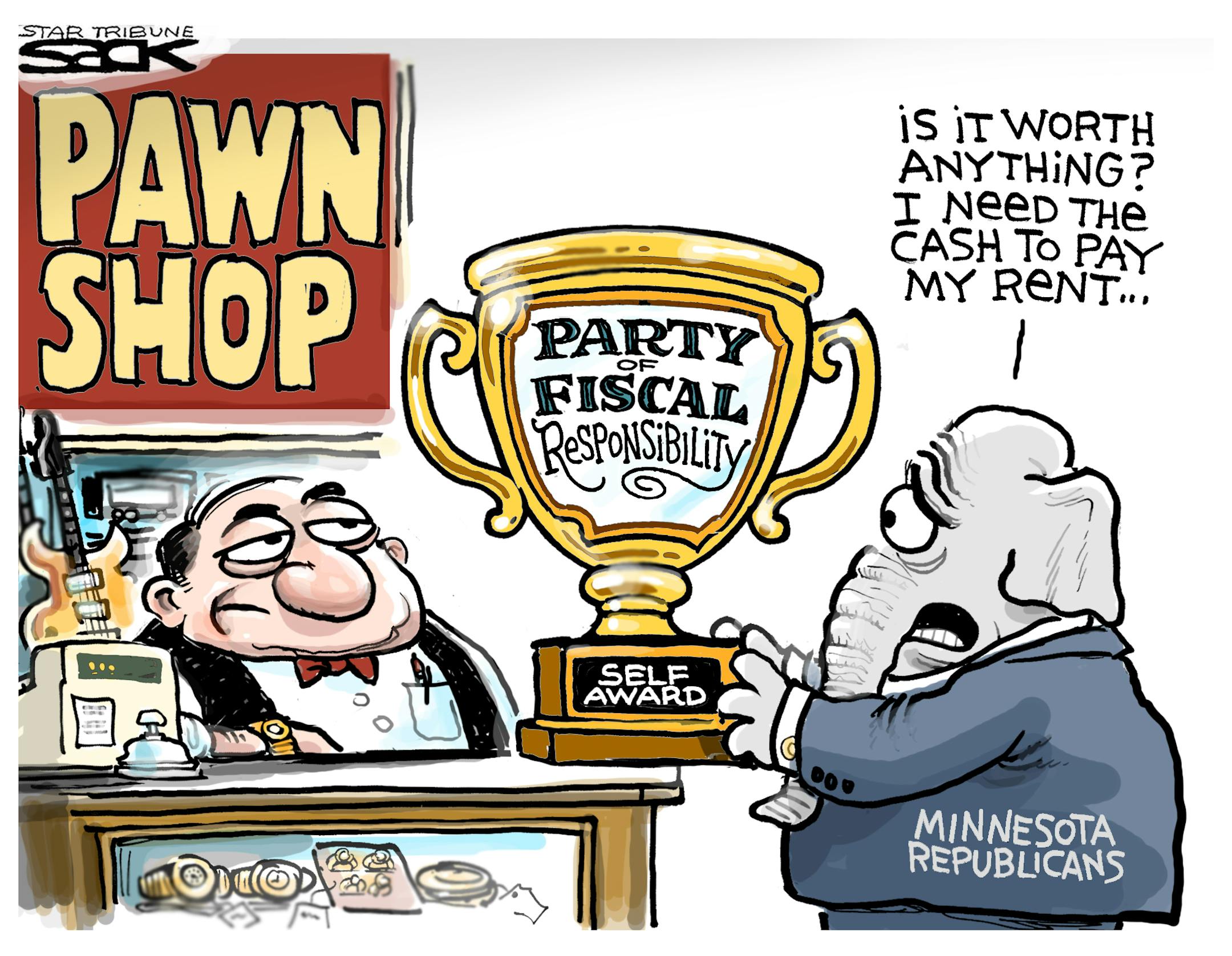 Steve Sack editorial cartoon for April 25, 2012. Topic: State GOP Party behind on its rent.