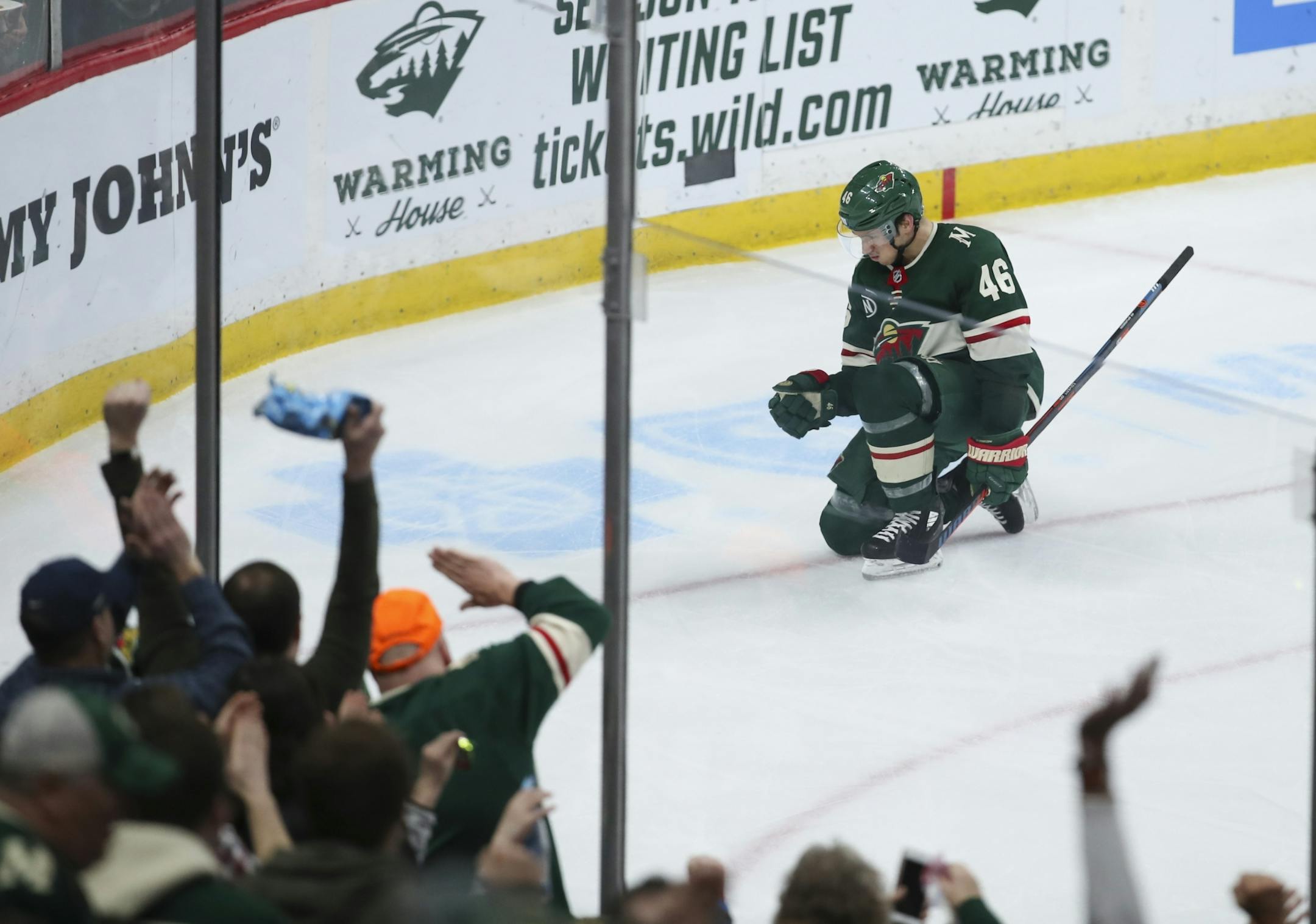 Minnesota Wild defenseman Jared Spurgeon celebrated after he tied the game at 2-2 in the third period.