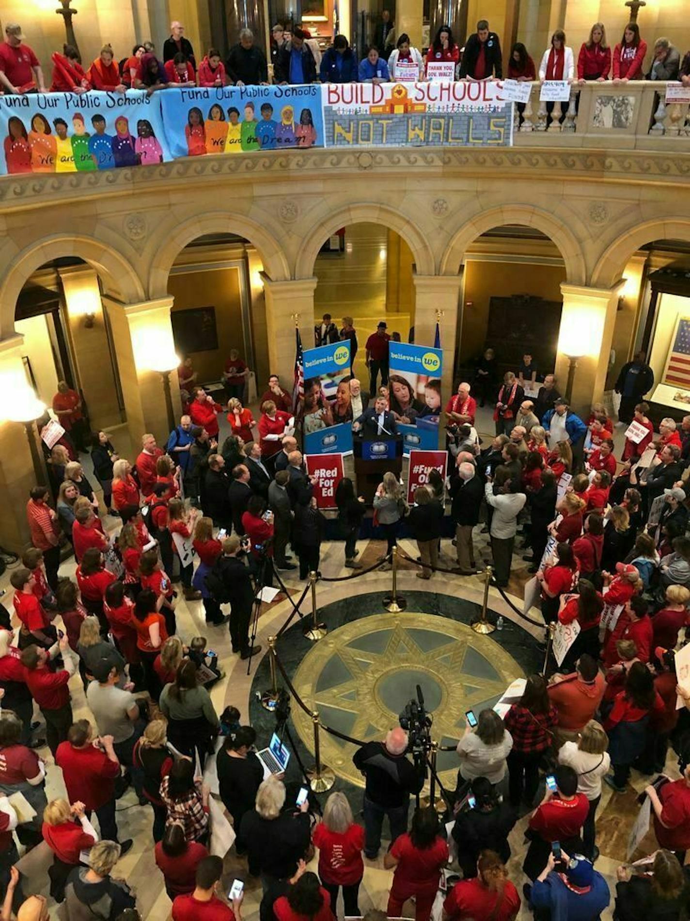 Hundreds of teachers from Education Minnesota rallied in the rotunda of the Minnesota Capitol as lawmakers struggled to agree on a budget plan Saturday in St. Paul.