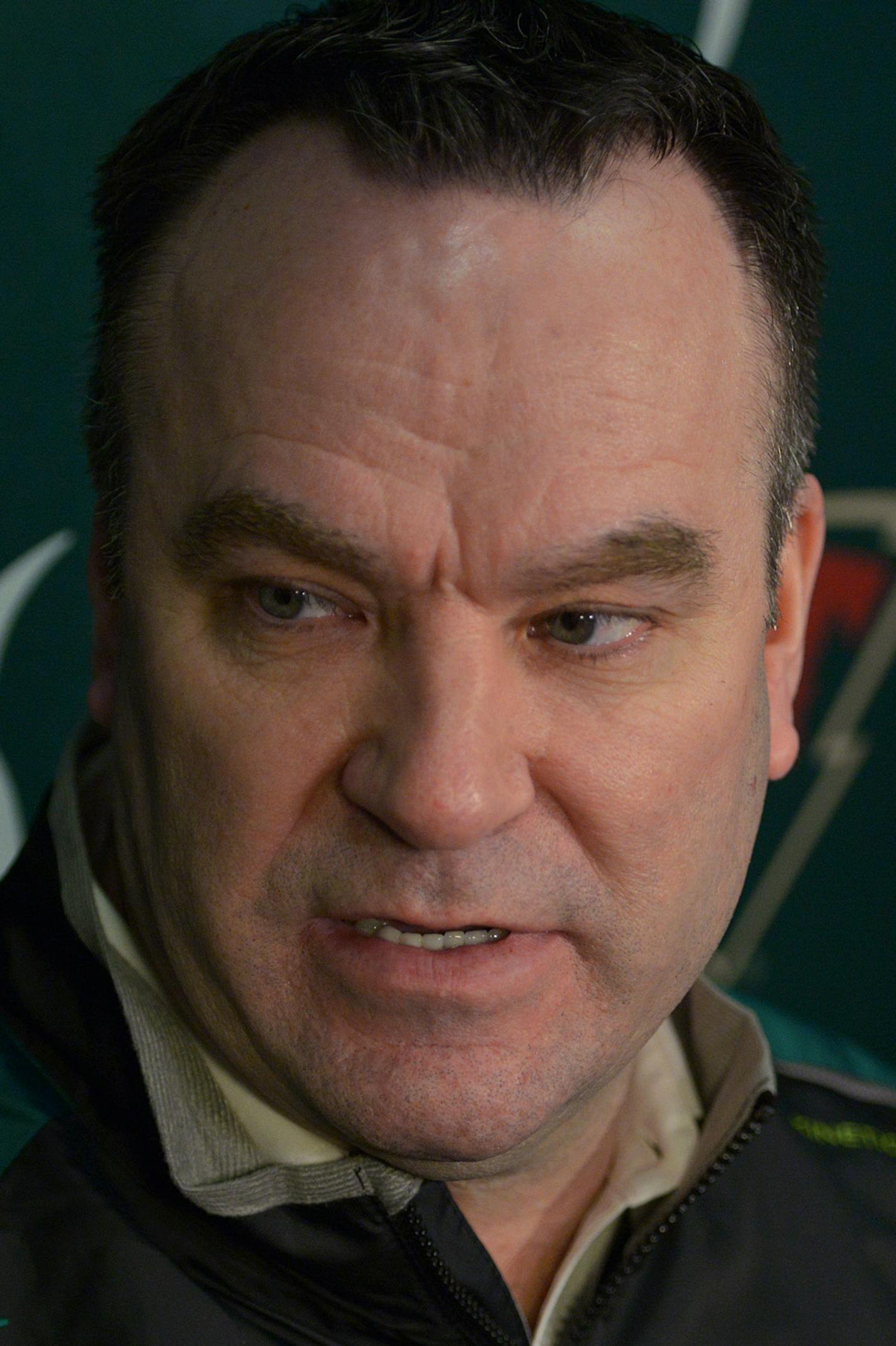 Newly announced Wild interim head coach, John Torchetti addresses the press Sunday, February 14 at Braemer Arena in Edina, the morning after Wild Head Coach Mike Yeo was fired. ] (SPECIAL TO THE STAR TRIBUNE/BRE McGEE) **John Torchetti (Wild interim head coach), Mike Yeo (former Wild head coach, not pictured)