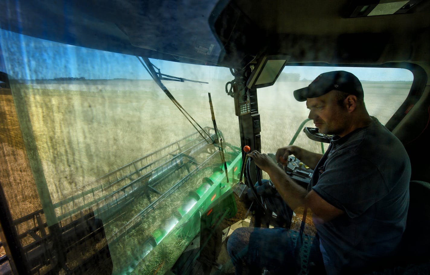 Jack Weber drove his wheat combine on his field. The wheat doesn't bring much cash but it does improve the health of his soil. ] GLEN STUBBE &#x2022; glen.stubbe@startribune.com Wednesday, August 23, 2017 Trip to western Minnesota with Glen Stubbe to interview, photograph and film the harvesting of wheat at Jack Weber's farm. Wheat doesn't make him money but it does improve the health of his soil. This crop rotation is one of several steps Weber uses to make the land better and is in line with w