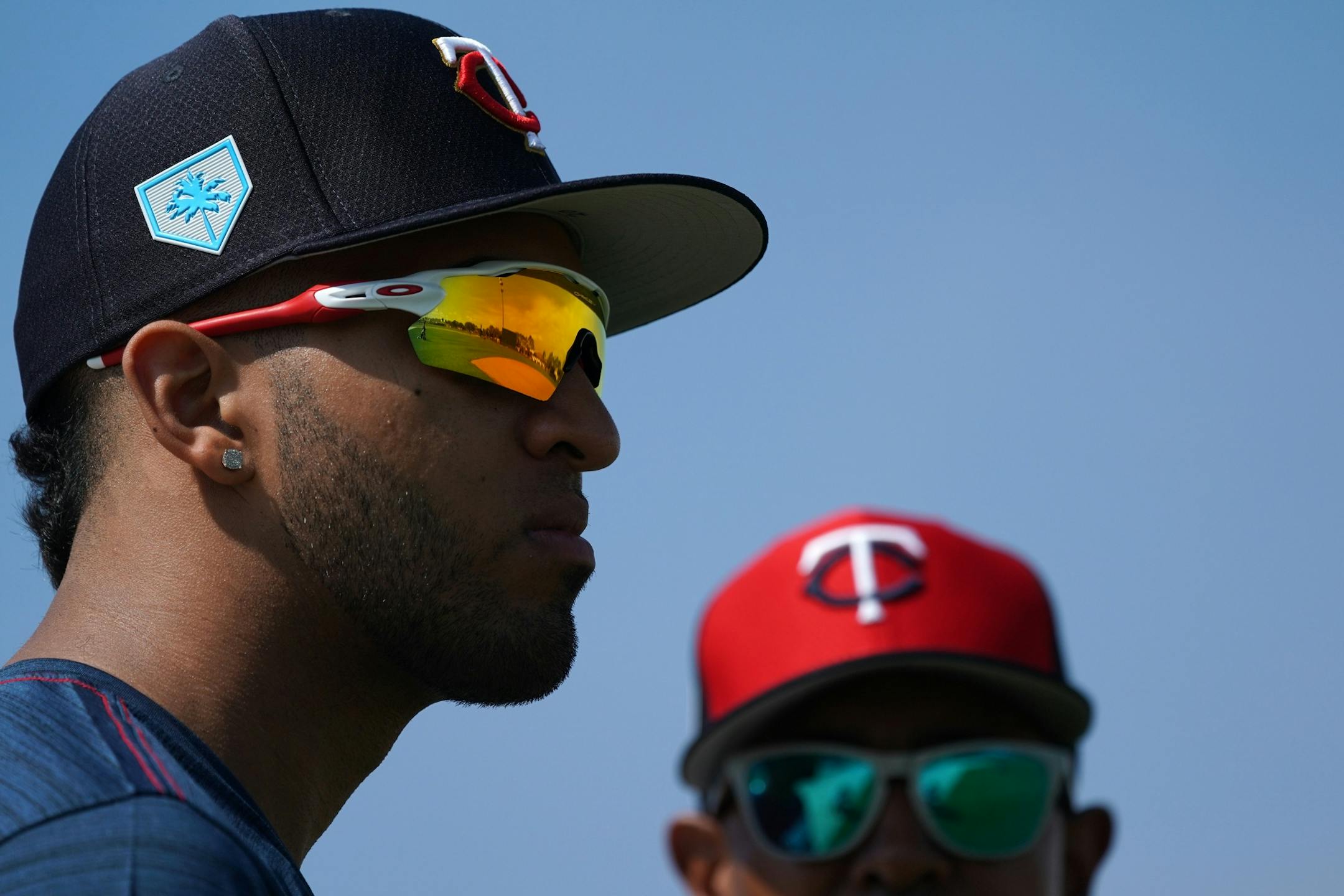 Minnesota Twins left fielder Eddie Rosario (20) watched informal drills Saturday.