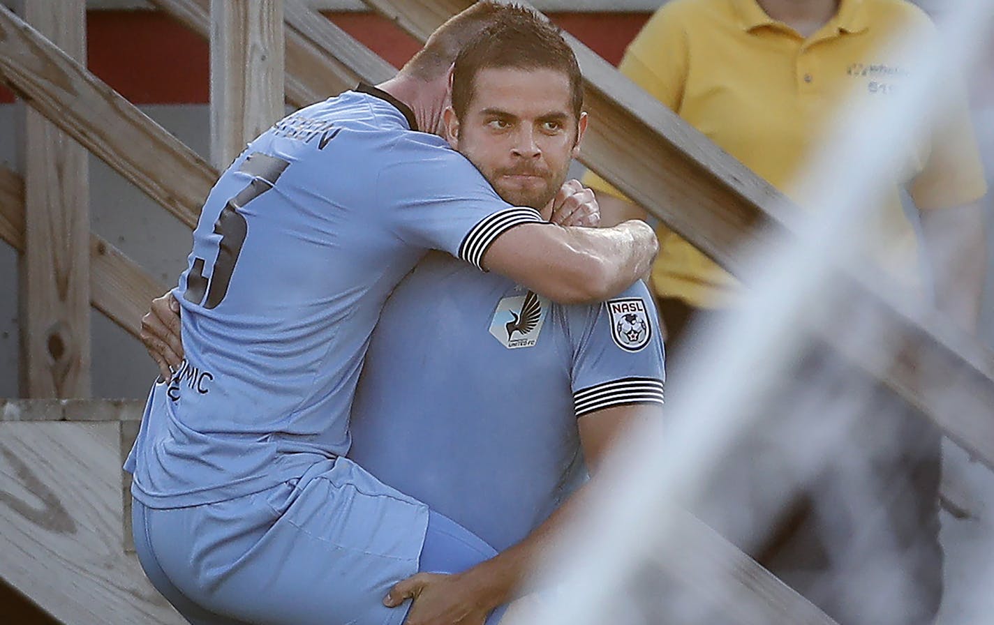 Ben Speas (10) and Jamie Watson (13) celebrated a goal by Speas in the first half. ] CARLOS GONZALEZ cgonzalez@startribune.com - August 17, 2016, Blaine, MN, National Sports Center, Soccer, Minnesota United vs. Tampa Bay Rowdies